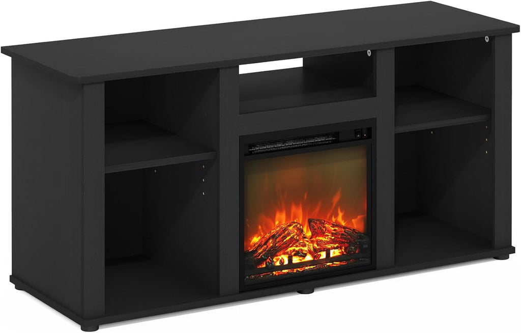 Furinno Jensen Entertainment Center Stand with Fireplace for TV up to 55 Inch, Americano, Corded Electric, Adjustable - Grand Goldman