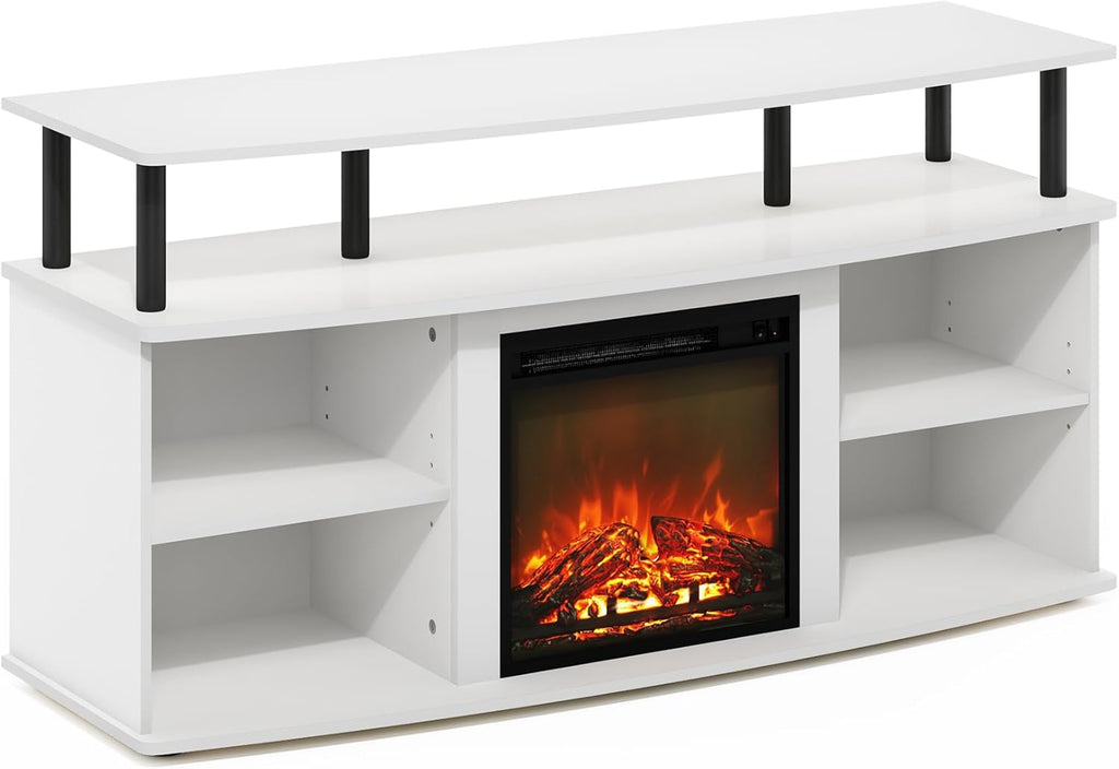 Furinno Jensen Entertainment Center Stand with Fireplace for TV up to 55 Inch, Americano, Corded Electric, Adjustable - Grand Goldman
