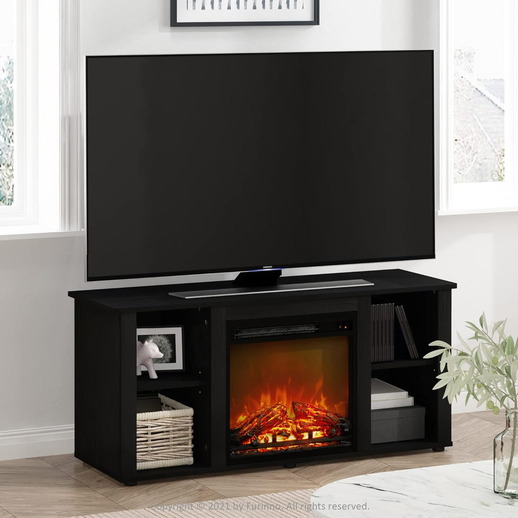 Furinno Jensen Entertainment Center Stand with Fireplace for TV up to 55 Inch, Americano, Corded Electric, Adjustable - Grand Goldman