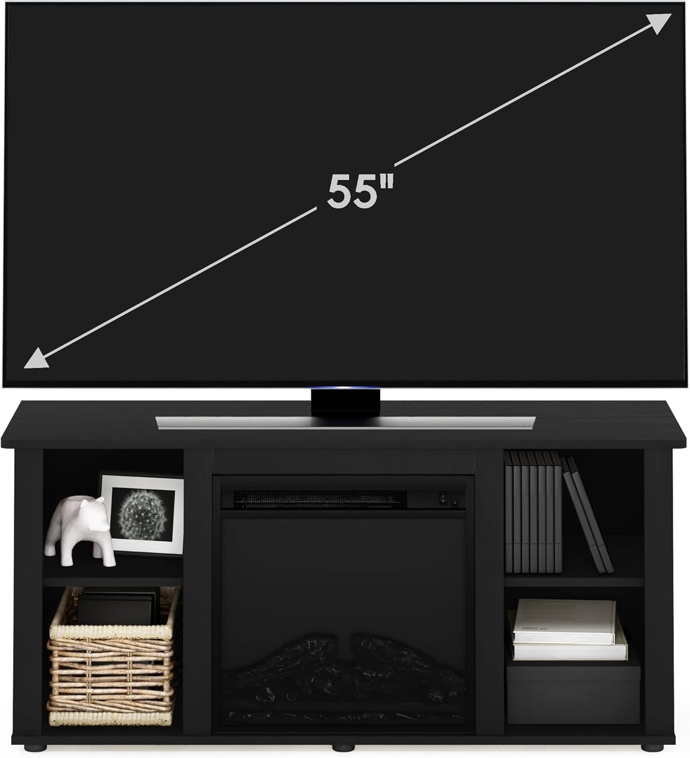 Furinno Jensen Entertainment Center Stand with Fireplace for TV up to 55 Inch, Americano, Corded Electric, Adjustable - Grand Goldman