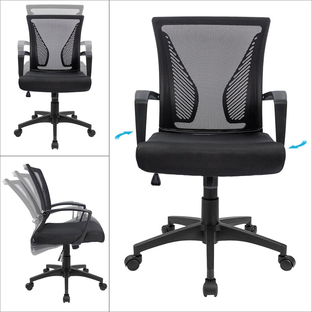 Furmax Office Chair Mid Back Swivel Lumbar Support Desk Chair, Computer Ergonomic Mesh Chair with Armrest (Black) - Grand Goldman