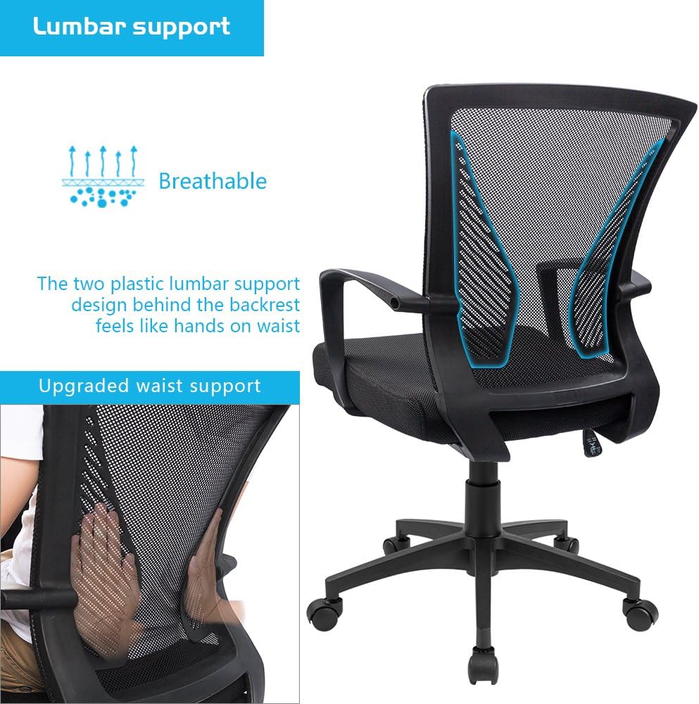 Furmax Office Chair Mid Back Swivel Lumbar Support Desk Chair, Computer Ergonomic Mesh Chair with Armrest (Black) - Grand Goldman