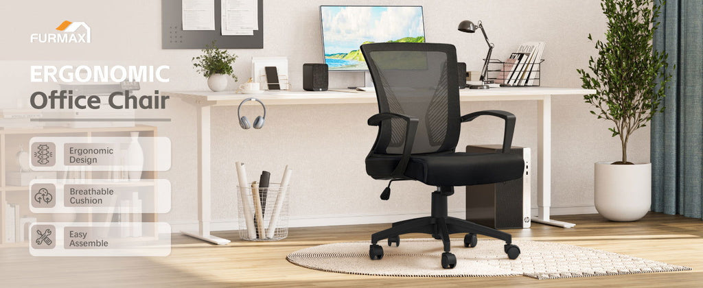 Furmax Office Chair Mid Back Swivel Lumbar Support Desk Chair, Computer Ergonomic Mesh Chair with Armrest (Black) - Grand Goldman