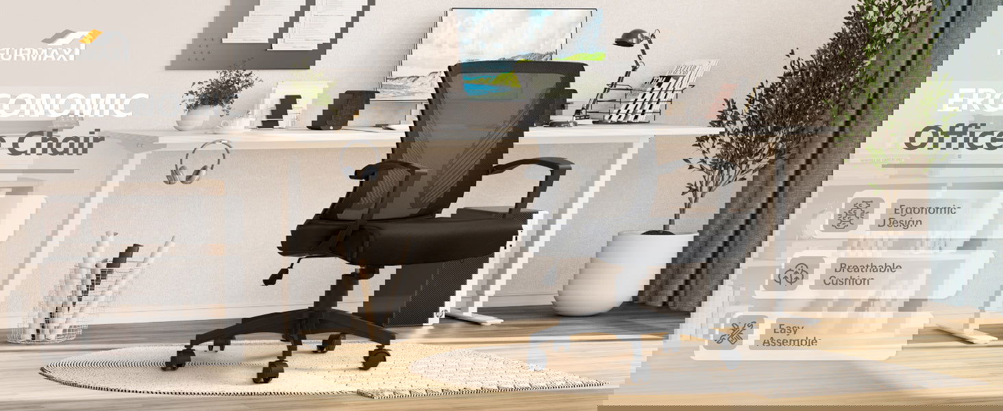 Furmax Office Chair Mid Back Swivel Lumbar Support Desk Chair, Computer Ergonomic Mesh Chair with Armrest (Black) - Grand Goldman