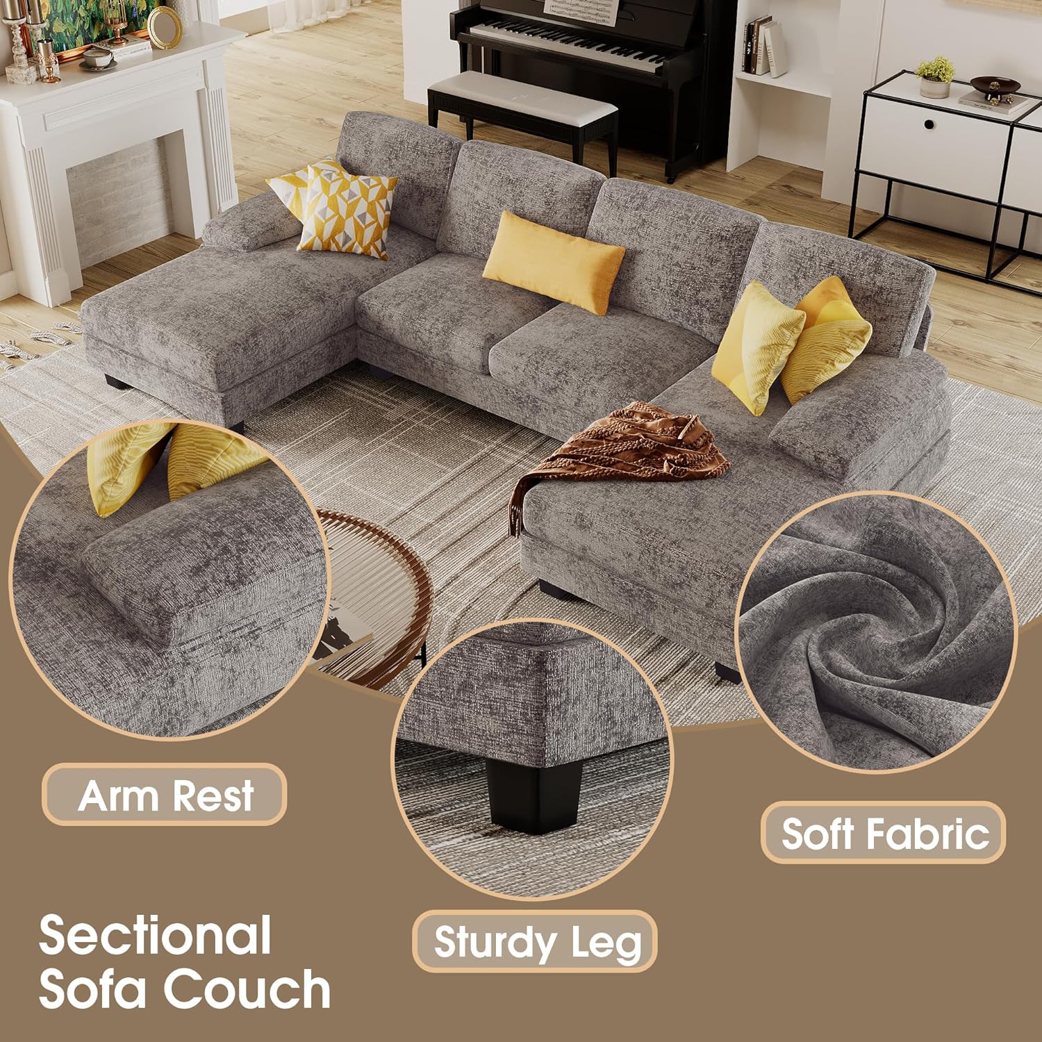 Furmax Sectional Couches for Living Room, U-Shaped Sofa Couch with Linen Fabric, 4 Seat Sofa Set with Double Chaise for Apartment (Fabric, Grey) - Grand Goldman