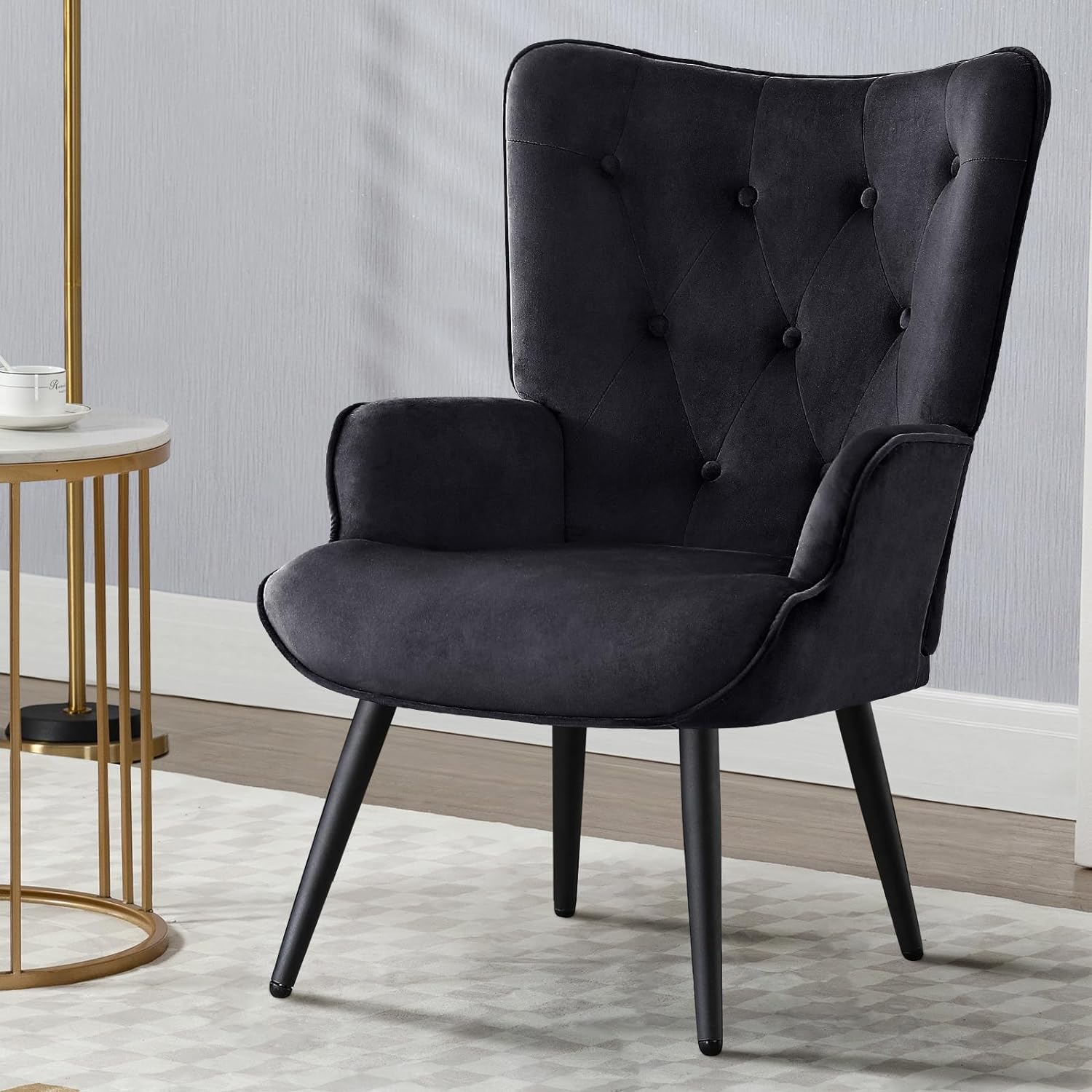 Furniliving Velvet Accent Chair Modern Upholstered Side Armchair with Tapered Legs Tufted Button Wingback Sofa Chairs Tall Back Reading for Living Room Bedroom Waiting Room, Black - Grand Goldman