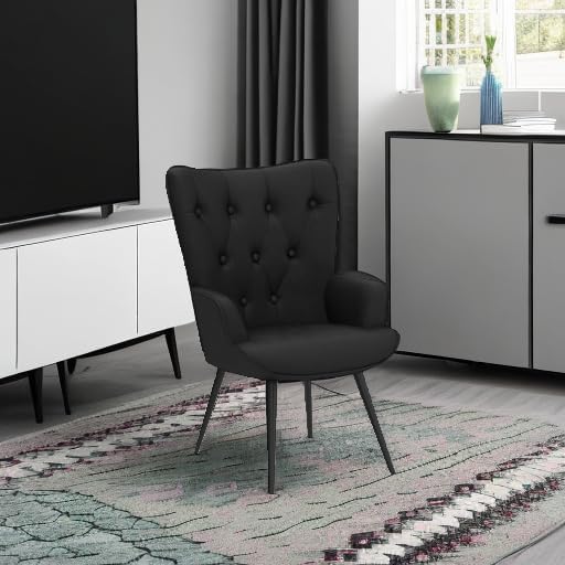 Furniliving Velvet Accent Chair Modern Upholstered Side Armchair with Tapered Legs Tufted Button Wingback Sofa Chairs Tall Back Reading for Living Room Bedroom Waiting Room, Black - Grand Goldman