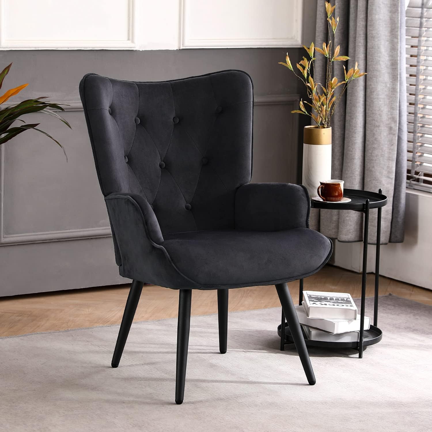 Furniliving Velvet Accent Chair Modern Upholstered Side Armchair with Tapered Legs Tufted Button Wingback Sofa Chairs Tall Back Reading for Living Room Bedroom Waiting Room, Black - Grand Goldman