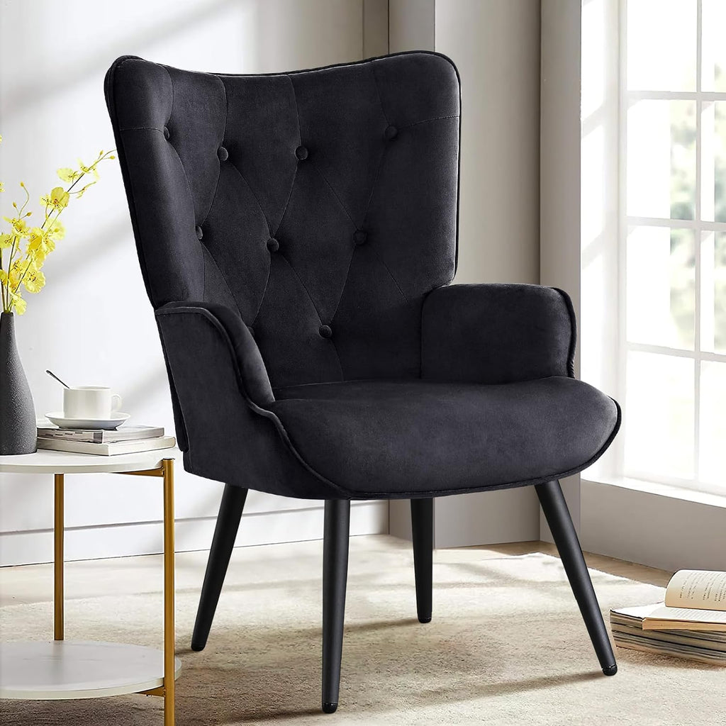 Furniliving Velvet Accent Chair Modern Upholstered Side Armchair with Tapered Legs Tufted Button Wingback Sofa Chairs Tall Back Reading for Living Room Bedroom Waiting Room, Black - Grand Goldman