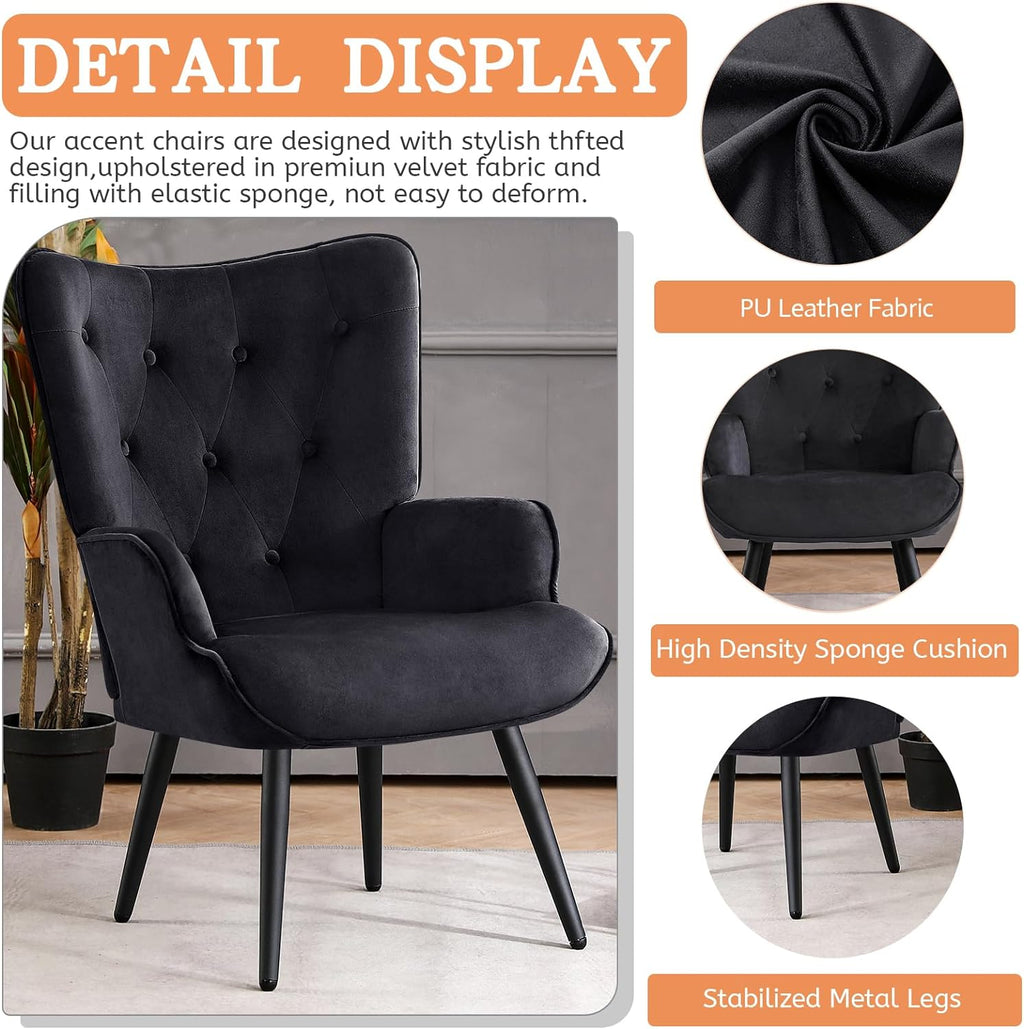 Furniliving Velvet Accent Chair Modern Upholstered Side Armchair with Tapered Legs Tufted Button Wingback Sofa Chairs Tall Back Reading for Living Room Bedroom Waiting Room, Black - Grand Goldman