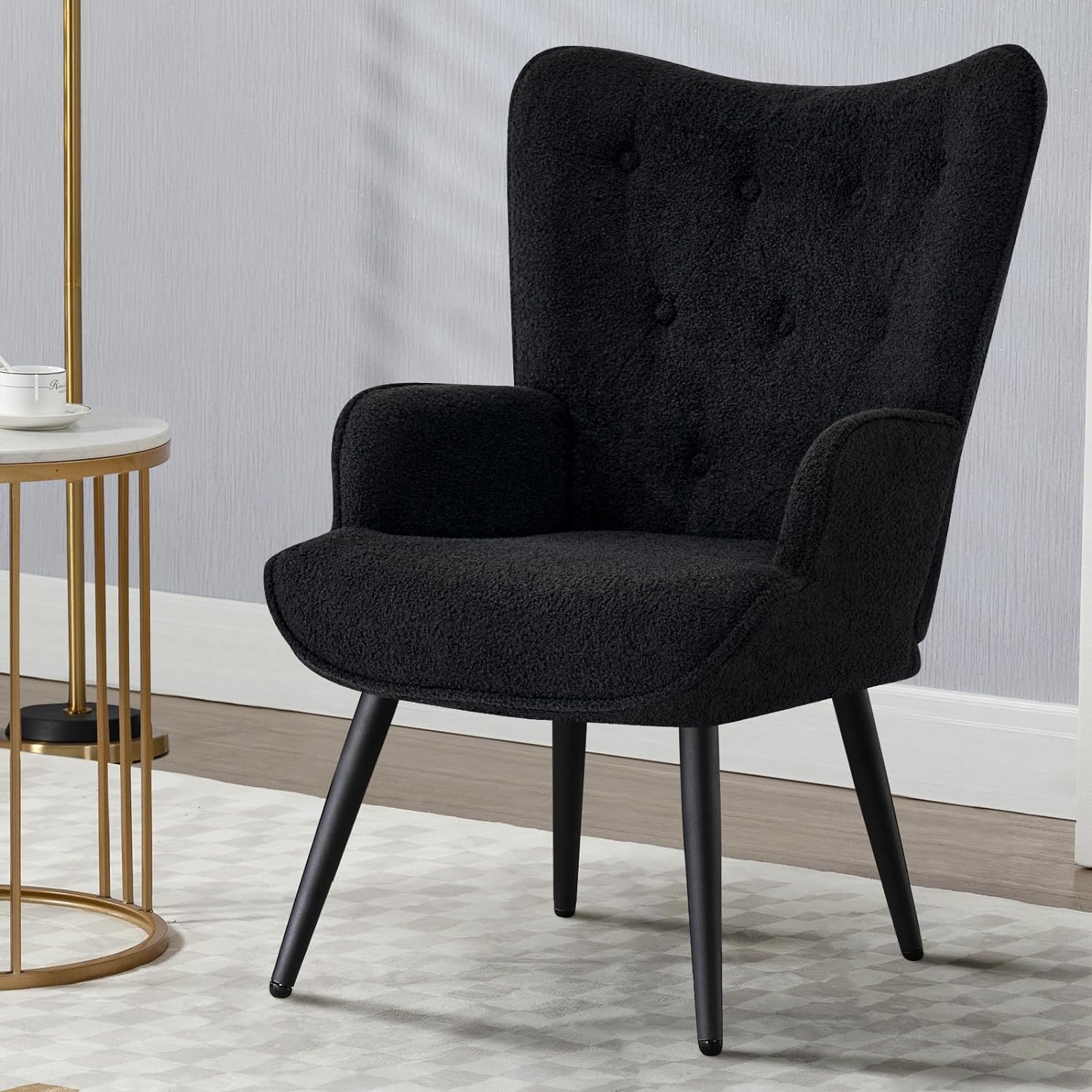 Furniliving Velvet Accent Chair Modern Upholstered Side Armchair with Tapered Legs Tufted Button Wingback Sofa Chairs Tall Back Reading for Living Room Bedroom Waiting Room, Black - Grand Goldman