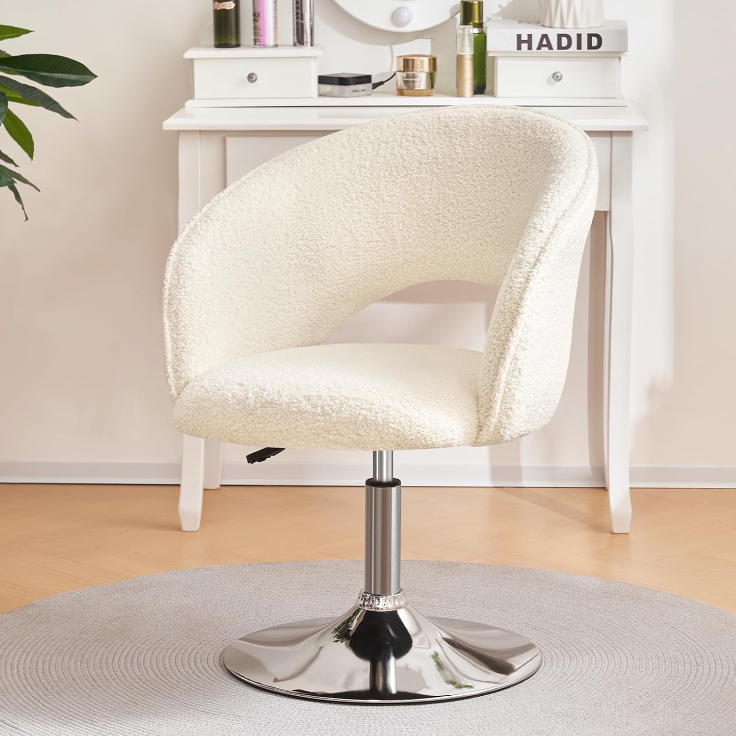 Furniliving White Makeup Vanity Chair, Vanity Chair with Back Sherpa Accent Chair with Base, Height Adjustable Swivel Chairs for Living Room Living Room Chairs Charming Chair Lounge Pub Bar… - Grand Goldman