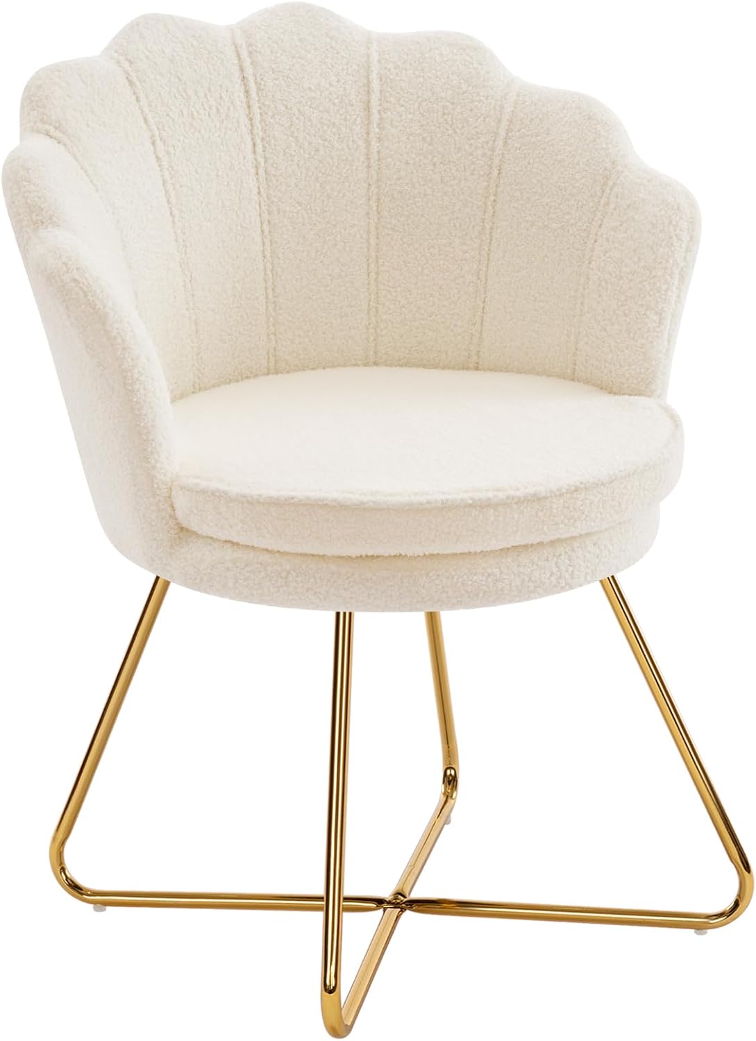 Furnimart Vanity Chair with Back, Shell Accent Chair for Living Room, Criss Cross Chair with Gold Legs, Makeup Chair for Bedroom Desk Chair no Wheels, Faux Fur White - Grand Goldman