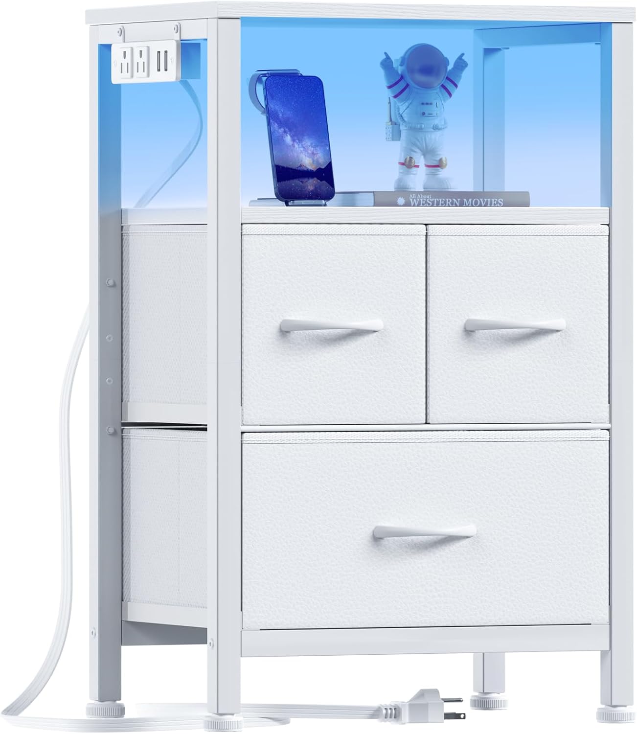 Furnulem Dresser for Bedroom, Tall Nightstand, Vertical Chest with Wood Top, Charging Station, LED Lights, 5 Fabric Bins, Bedside Table with Shelf, Furniture for Entryway (5 Drawer, Black Oak) - Grand Goldman