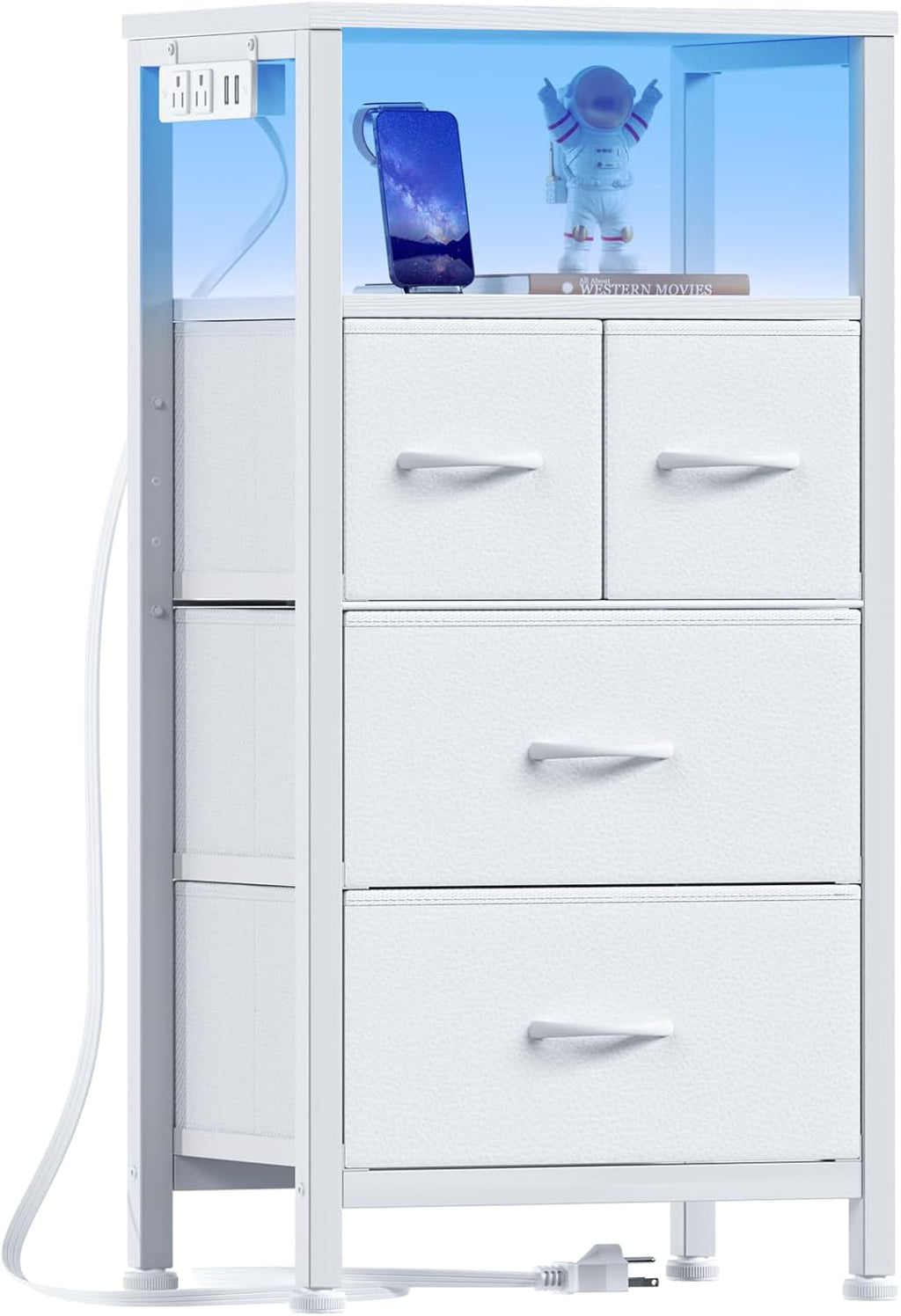 Furnulem Dresser for Bedroom, Tall Nightstand, Vertical Chest with Wood Top, Charging Station, LED Lights, 5 Fabric Bins, Bedside Table with Shelf, Furniture for Entryway (5 Drawer, Black Oak) - Grand Goldman