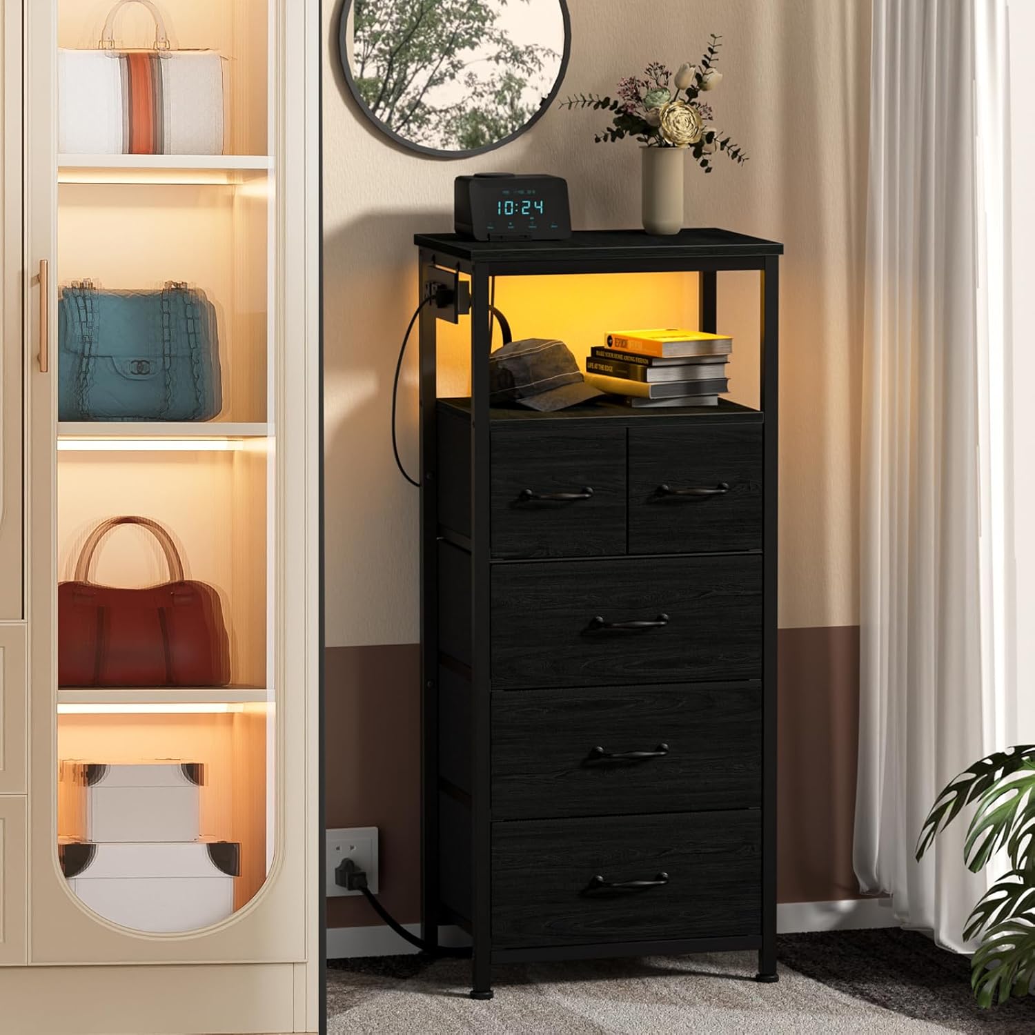 Furnulem Dresser for Bedroom, Tall Nightstand, Vertical Chest with Wood Top, Charging Station, LED Lights, 5 Fabric Bins, Bedside Table with Shelf, Furniture for Entryway (5 Drawer, Black Oak) - Grand Goldman