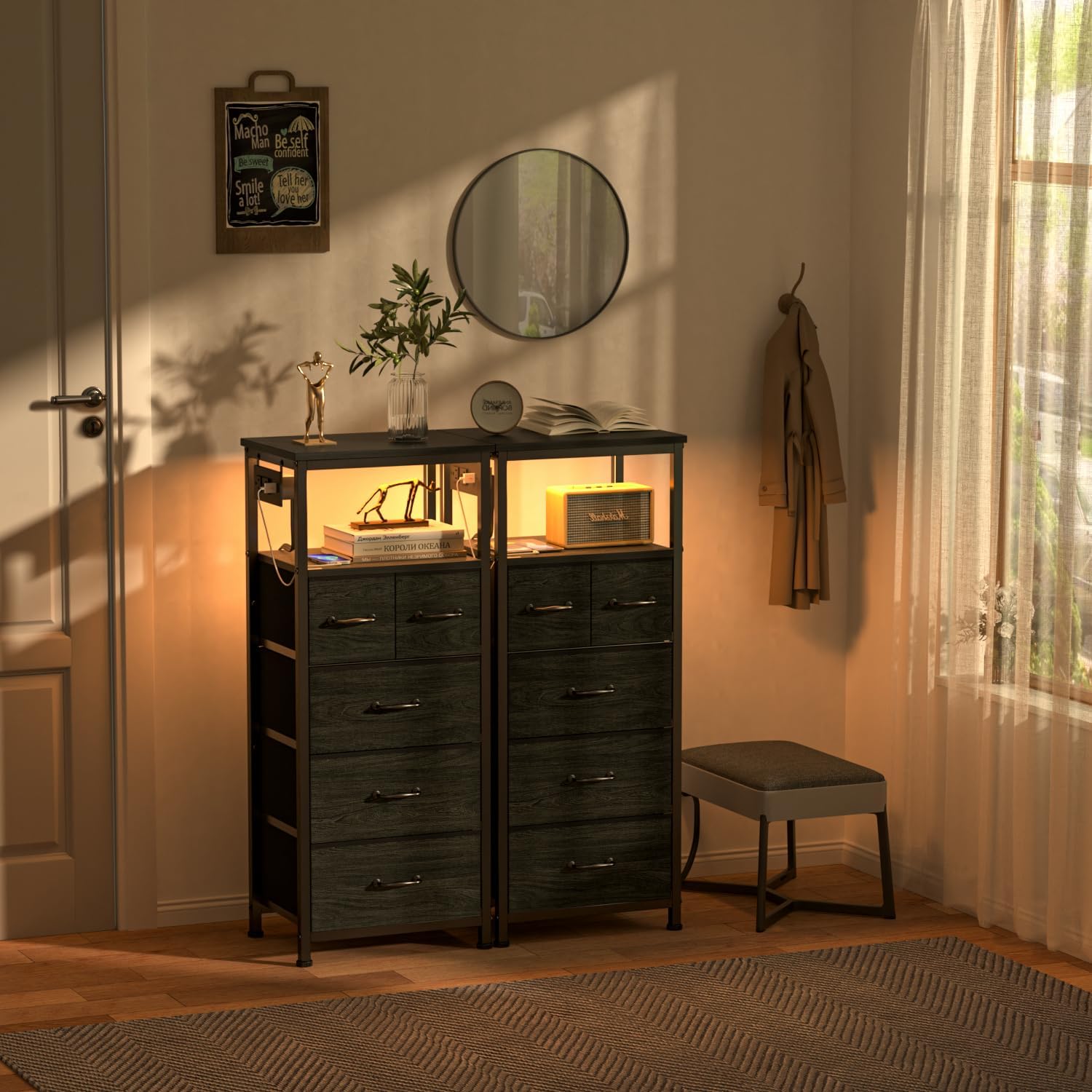 Furnulem Dresser for Bedroom, Tall Nightstand, Vertical Chest with Wood Top, Charging Station, LED Lights, 5 Fabric Bins, Bedside Table with Shelf, Furniture for Entryway (5 Drawer, Black Oak) - Grand Goldman