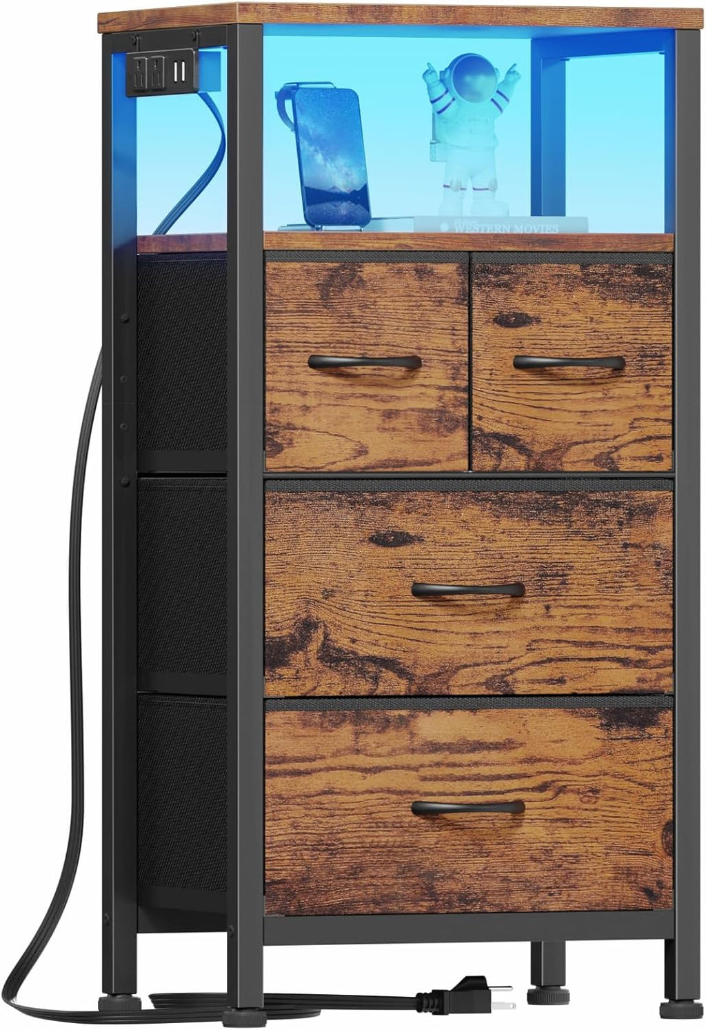 Furnulem Dresser for Bedroom, Tall Nightstand, Vertical Chest with Wood Top, Charging Station, LED Lights, 5 Fabric Bins, Bedside Table with Shelf, Furniture for Entryway (5 Drawer, Black Oak) - Grand Goldman