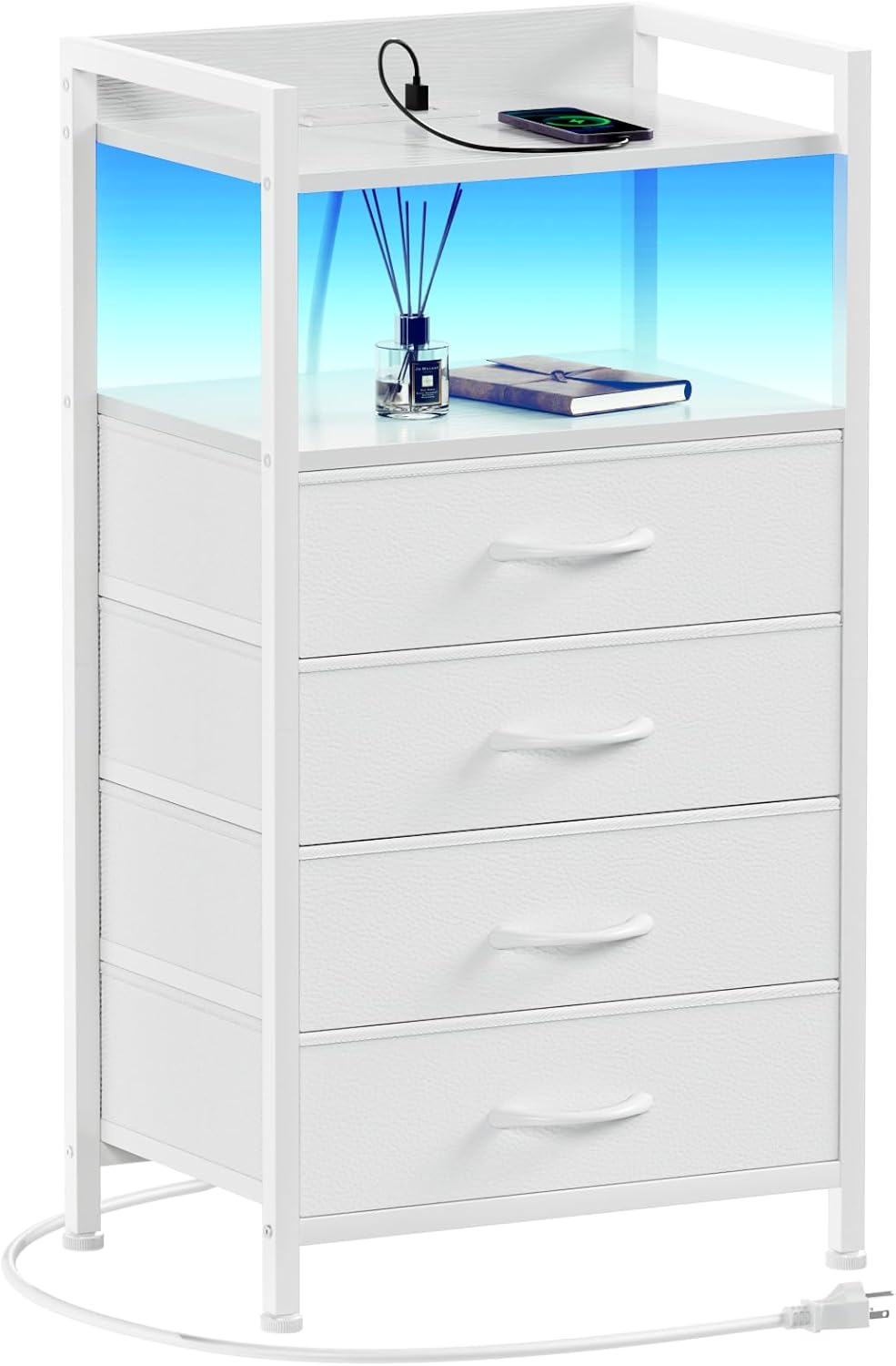 Furnulem Night Stand with Charging Station, Black Nightstand with Drawers and Led Light, Tall Dresser for Bedroom, Bedside Table with Fabric Storage Bins, Metal Frame, Wood Furniture - Grand Goldman