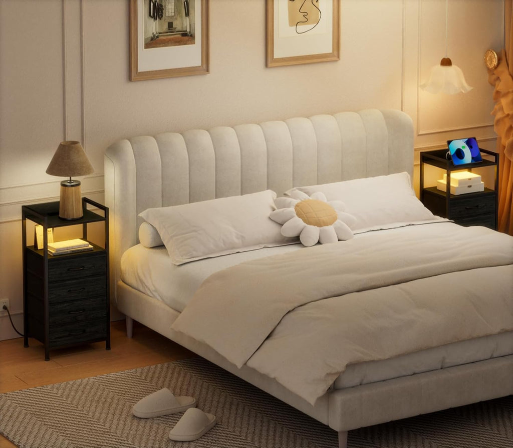 Furnulem Night Stand with Charging Station, Black Nightstand with Drawers and Led Light, Tall Dresser for Bedroom, Bedside Table with Fabric Storage Bins, Metal Frame, Wood Furniture - Grand Goldman