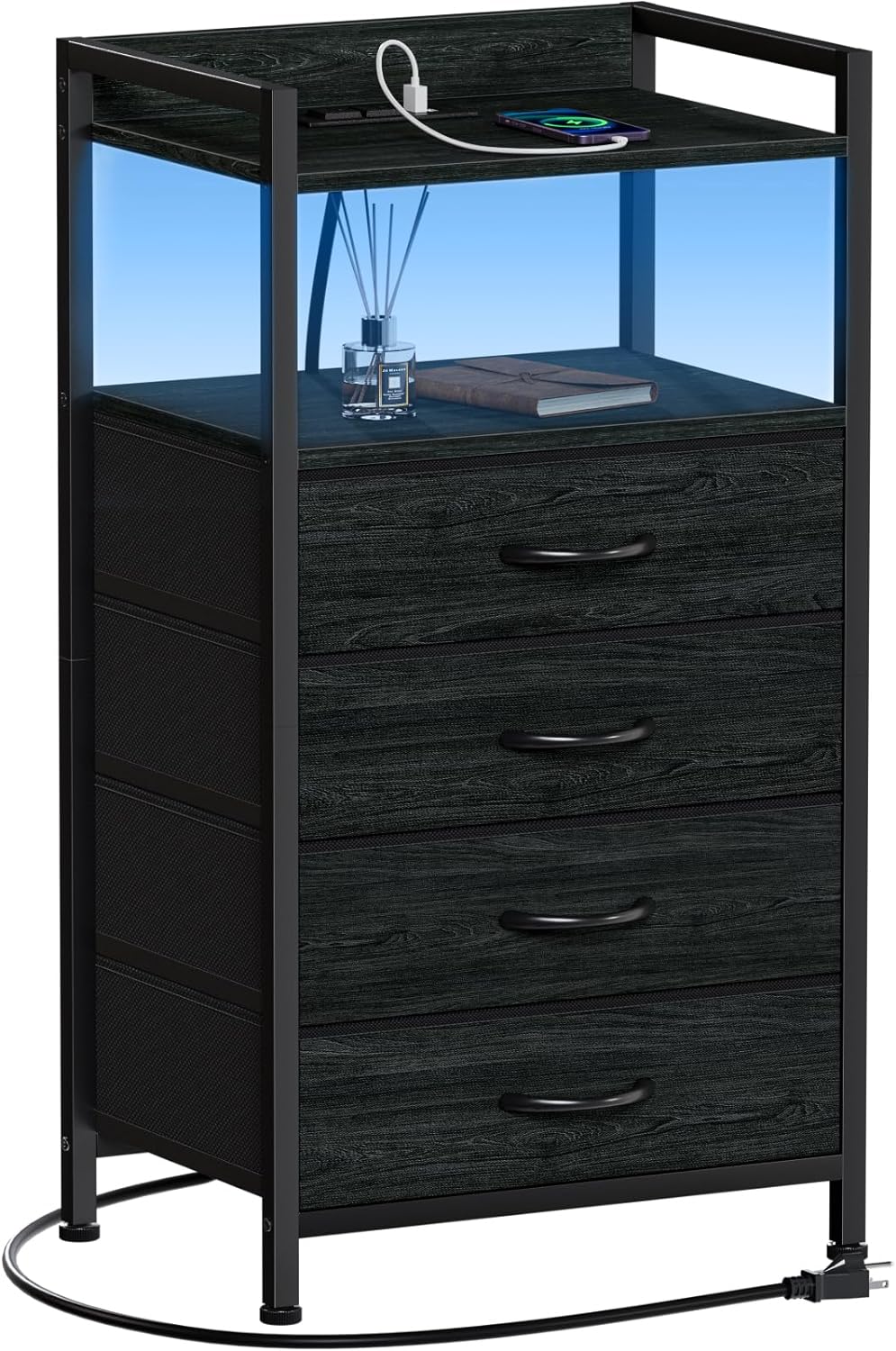 Furnulem Night Stand with Charging Station, Black Nightstand with Drawers and Led Light, Tall Dresser for Bedroom, Bedside Table with Fabric Storage Bins, Metal Frame, Wood Furniture - Grand Goldman