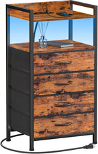 Furnulem Night Stand with Charging Station, Black Nightstand with Drawers and Led Light, Tall Dresser for Bedroom, Bedside Table with Fabric Storage Bins, Metal Frame, Wood Furniture - Grand Goldman