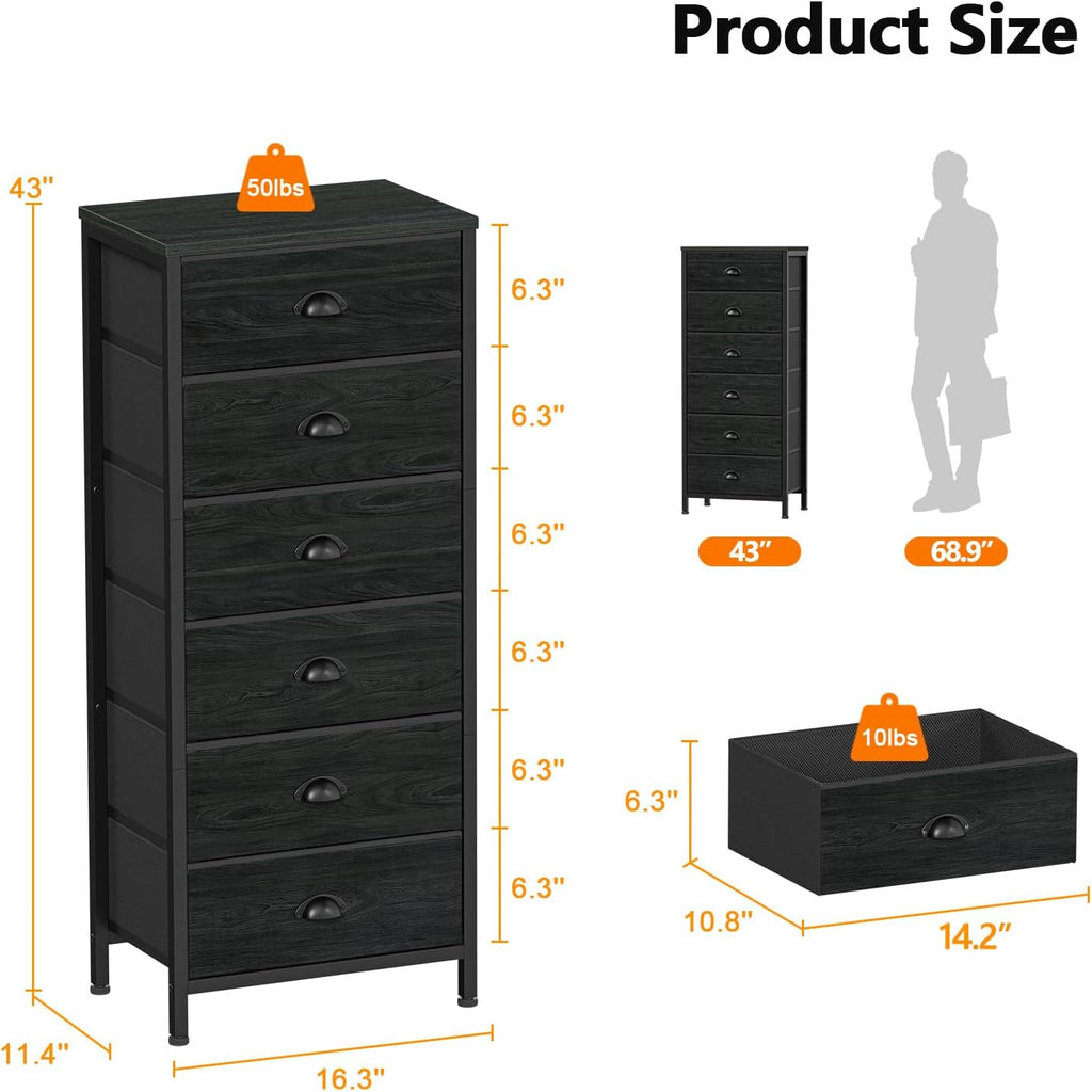 Furnulem Tall Dresser with 6 Drawers,Vertical Bedside End Table & Chest for Bedroom,Black Storage Tower Dorm Nightstand with Fabric Drawer Organizer Unit Furniture in Living Room,Closet,Hallyway - Grand Goldman