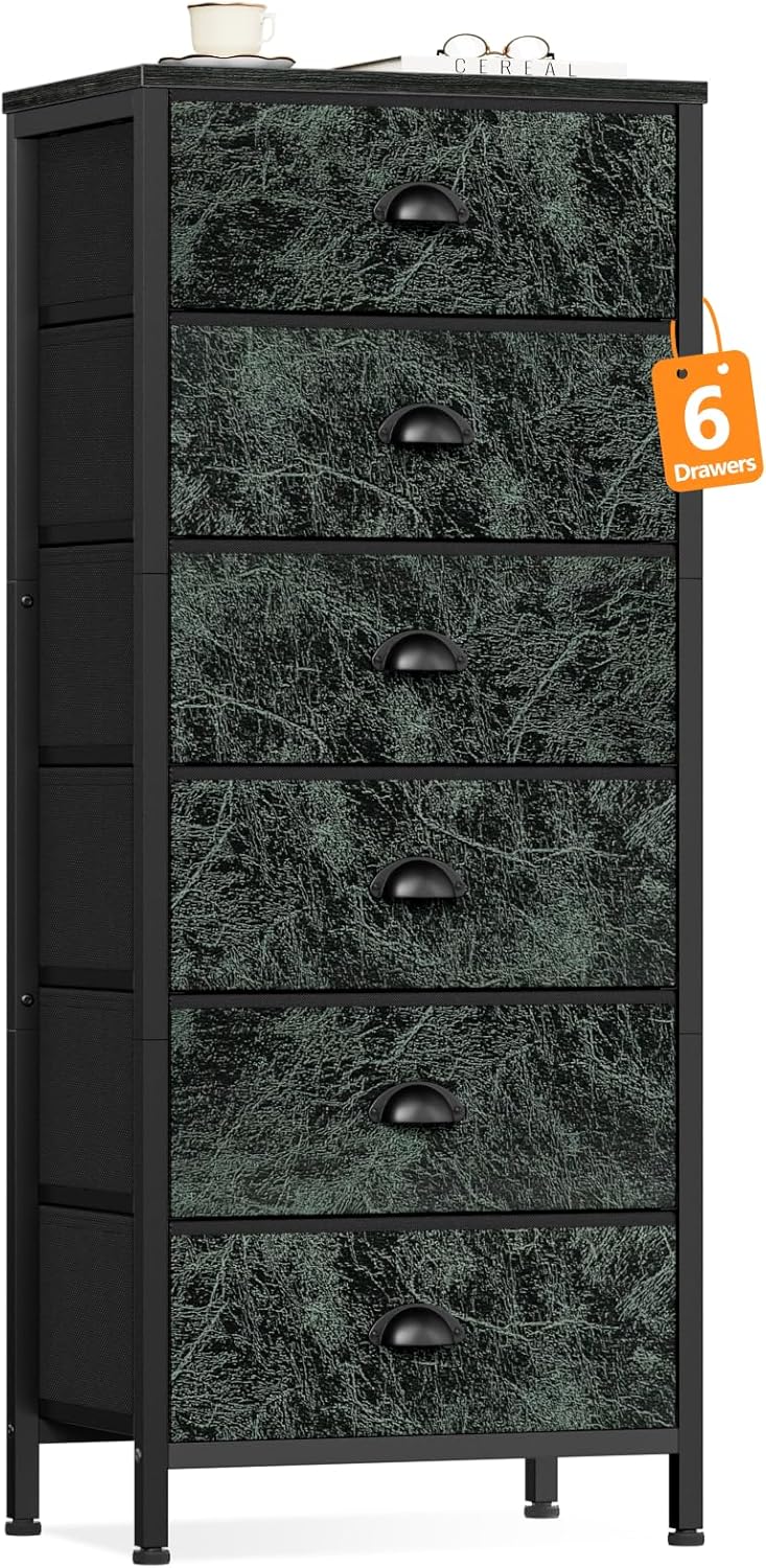 Furnulem Tall Dresser with 6 Drawers,Vertical Bedside End Table & Chest for Bedroom,Black Storage Tower Dorm Nightstand with Fabric Drawer Organizer Unit Furniture in Living Room,Closet,Hallyway - Grand Goldman
