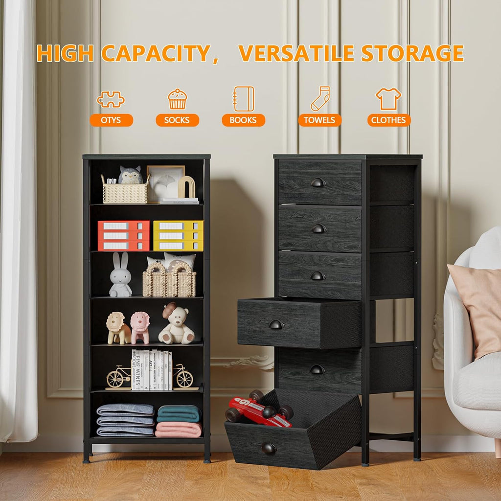Furnulem Tall Dresser with 6 Drawers,Vertical Bedside End Table & Chest for Bedroom,Black Storage Tower Dorm Nightstand with Fabric Drawer Organizer Unit Furniture in Living Room,Closet,Hallyway - Grand Goldman