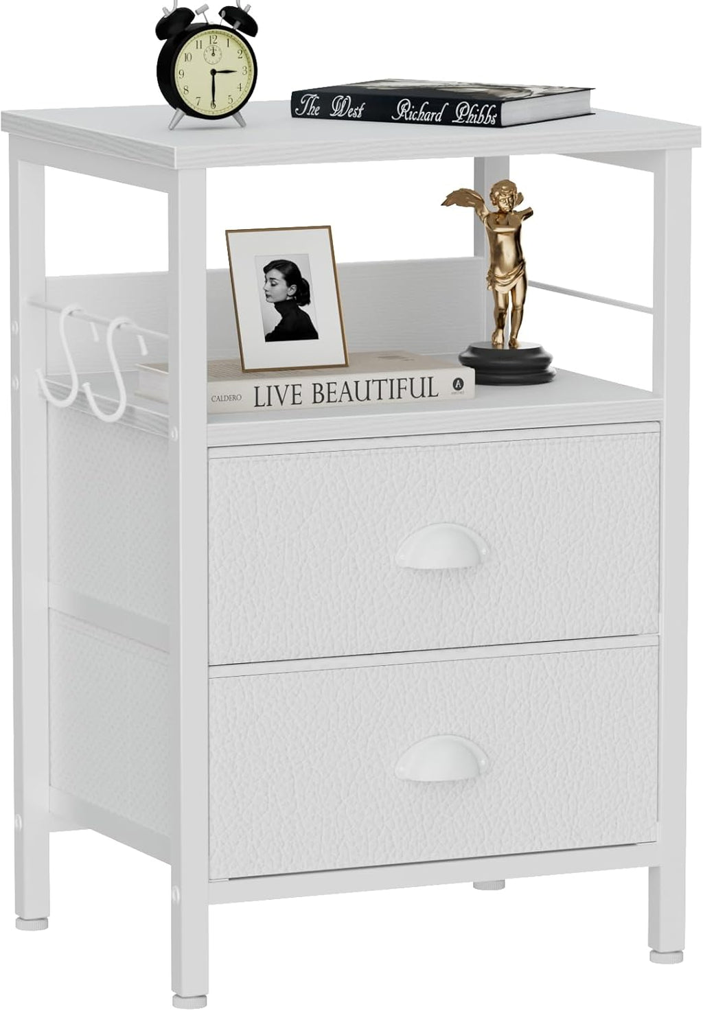 Furologee Nightstands Set 2, End Table with 2 Fabric Drawers, Bedside Table with 2 Hooks, Open Wood Shelf Side Sofa Table for Bedroom/Living Room/Hallway/White - Grand Goldman