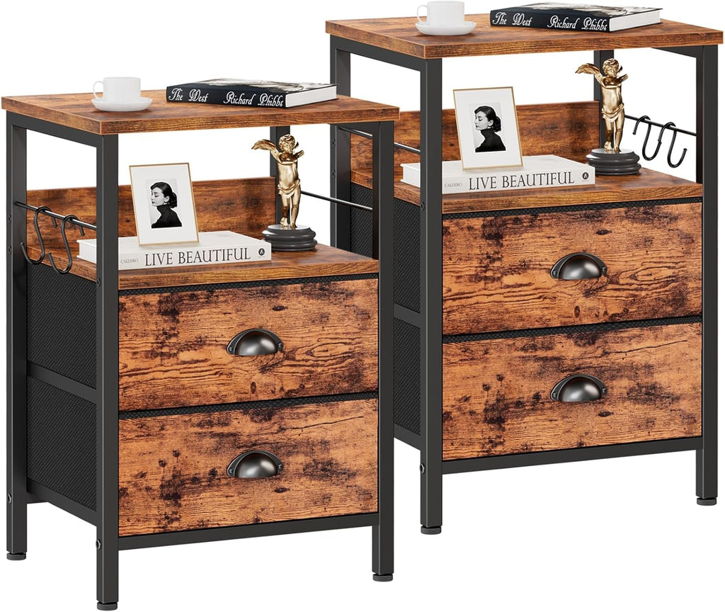 Furologee Nightstands Set 2, End Table with 2 Fabric Drawers, Bedside Table with 2 Hooks, Open Wood Shelf Side Sofa Table for Bedroom/Living Room/Hallway/White - Grand Goldman