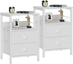 Furologee Nightstands Set 2, End Table with 2 Fabric Drawers, Bedside Table with 2 Hooks, Open Wood Shelf Side Sofa Table for Bedroom/Living Room/Hallway/White - Grand Goldman