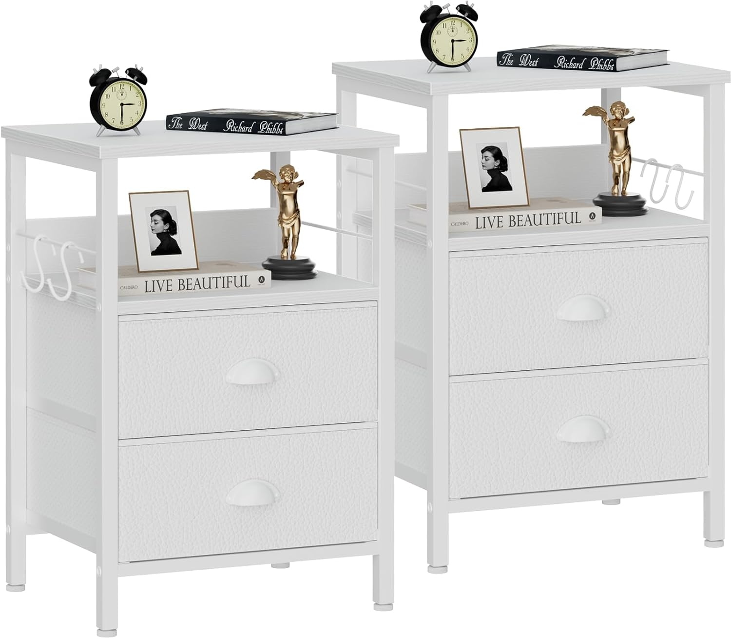 Furologee Nightstands Set 2, End Table with 2 Fabric Drawers, Bedside Table with 2 Hooks, Open Wood Shelf Side Sofa Table for Bedroom/Living Room/Hallway/White - Grand Goldman