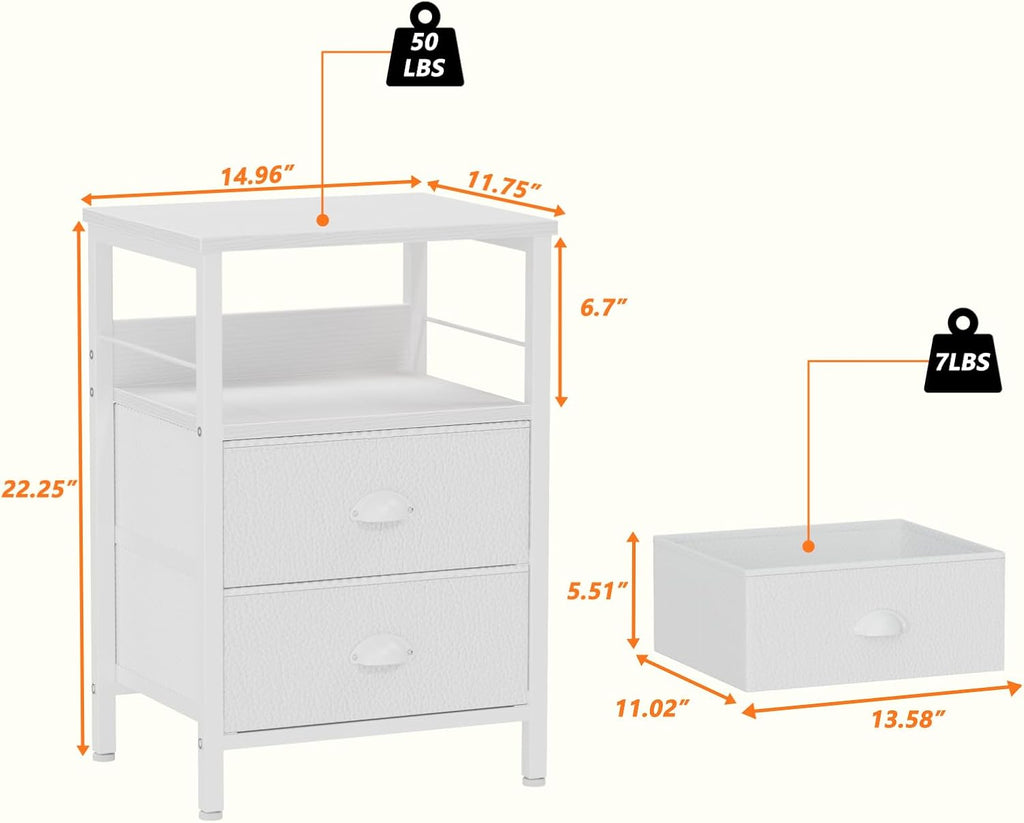 Furologee Nightstands Set 2, End Table with 2 Fabric Drawers, Bedside Table with 2 Hooks, Open Wood Shelf Side Sofa Table for Bedroom/Living Room/Hallway/White - Grand Goldman