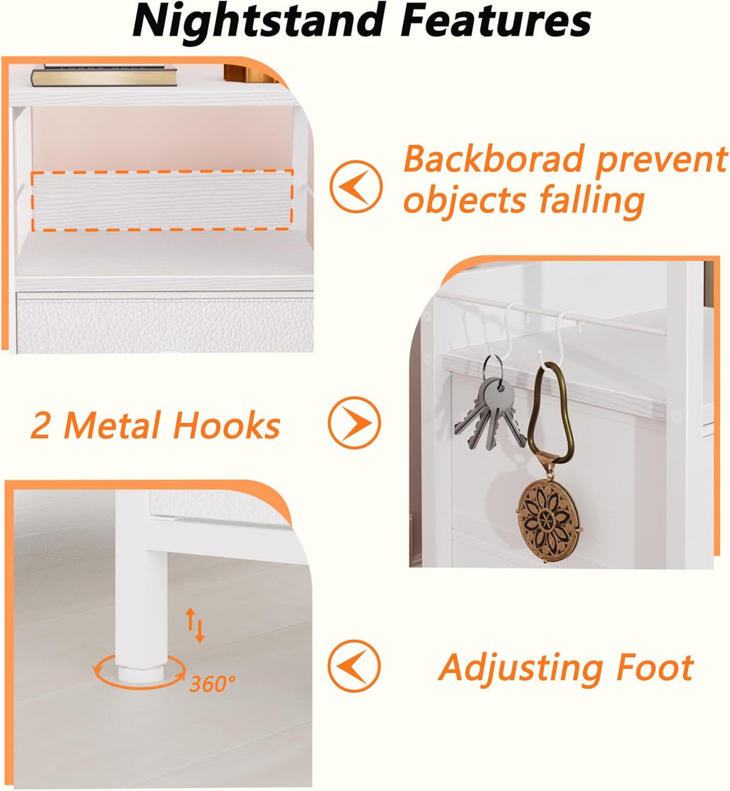 Furologee Nightstands Set 2, End Table with 2 Fabric Drawers, Bedside Table with 2 Hooks, Open Wood Shelf Side Sofa Table for Bedroom/Living Room/Hallway/White - Grand Goldman