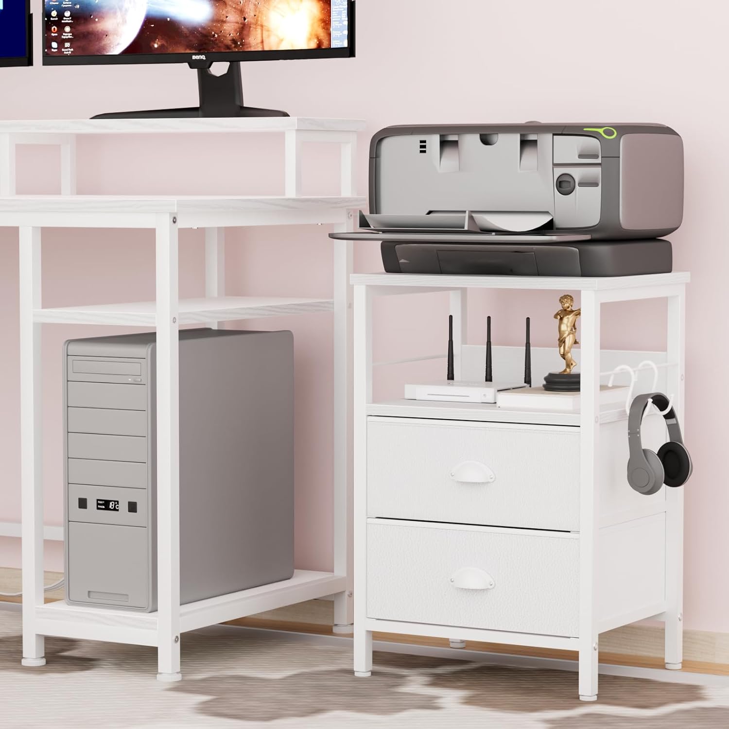 Furologee Nightstands Set 2, End Table with 2 Fabric Drawers, Bedside Table with 2 Hooks, Open Wood Shelf Side Sofa Table for Bedroom/Living Room/Hallway/White - Grand Goldman