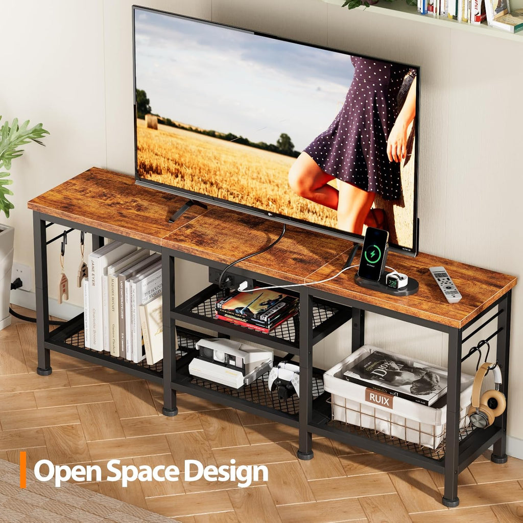 Furologee TV Stand with Power Outlets, Entertainment Center with Open Storage Shelves for TVs up to 55 Inch, TV Media Console Table with Soundbar Shelf for Living Room, Bedroom, Rustic Brown - Grand Goldman