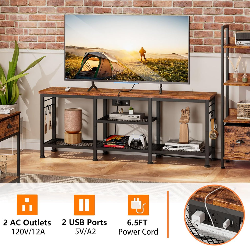 Furologee TV Stand with Power Outlets, Entertainment Center with Open Storage Shelves for TVs up to 55 Inch, TV Media Console Table with Soundbar Shelf for Living Room, Bedroom, Rustic Brown - Grand Goldman