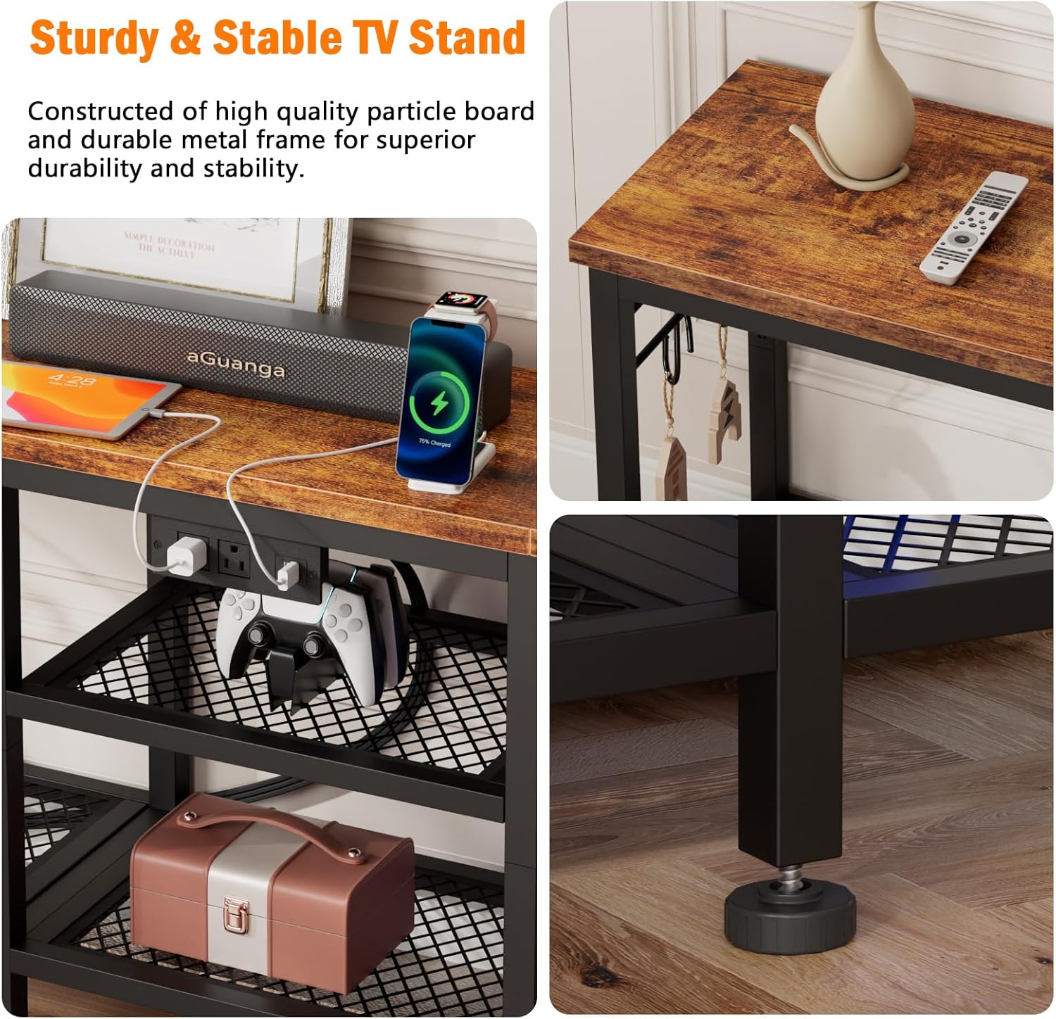 Furologee TV Stand with Power Outlets, Entertainment Center with Open Storage Shelves for TVs up to 55 Inch, TV Media Console Table with Soundbar Shelf for Living Room, Bedroom, Rustic Brown - Grand Goldman