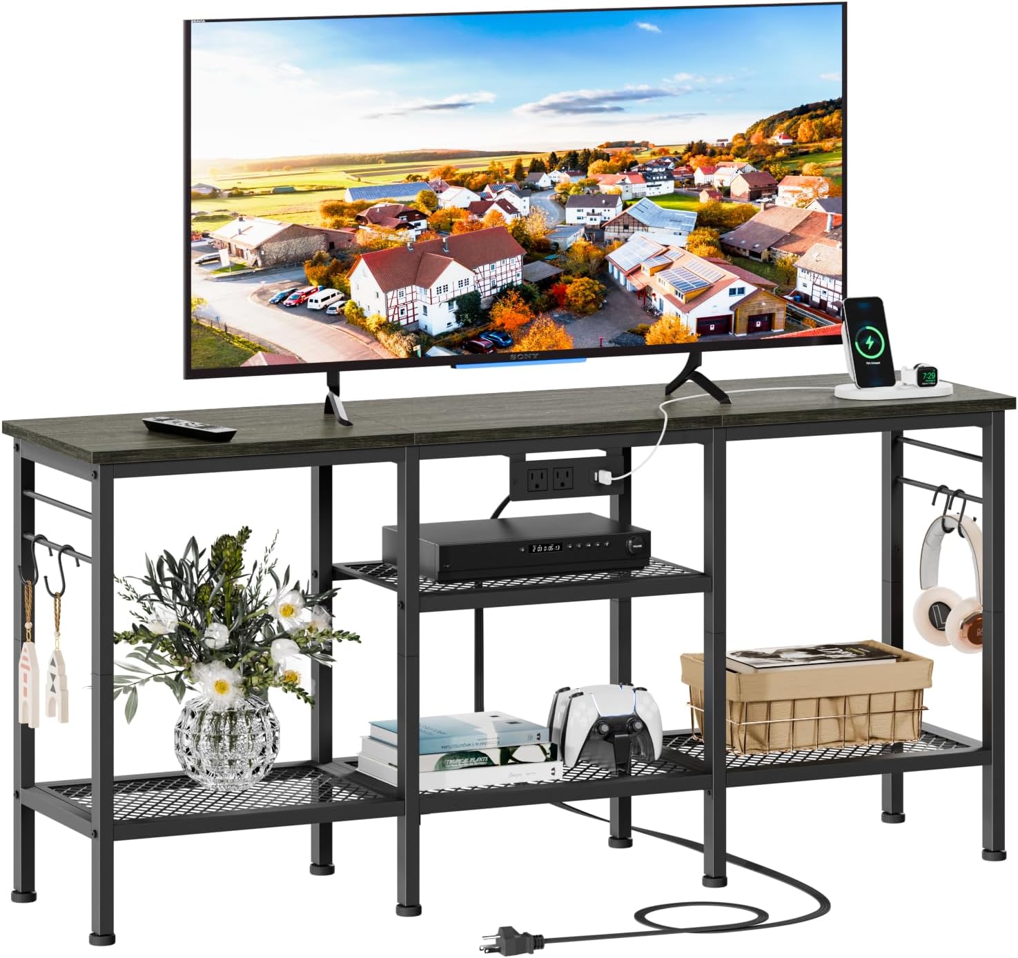 Furologee TV Stand with Power Outlets, Entertainment Center with Open Storage Shelves for TVs up to 55 Inch, TV Media Console Table with Soundbar Shelf for Living Room, Bedroom, Rustic Brown - Grand Goldman