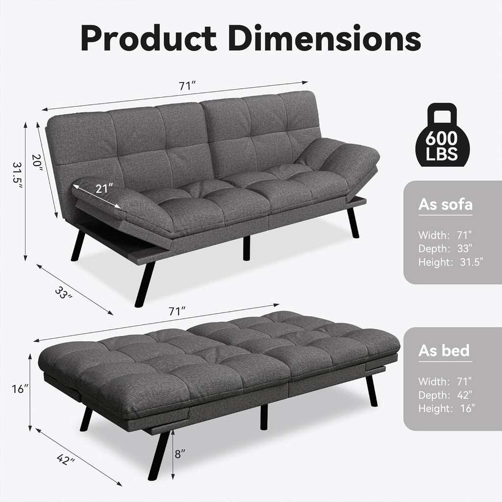 Futon Sofa Bed,Grey Detachable Convertible Couch Memory Foam Futon Convertible Couch Bed Sofa Sleeper LoveSeat Sofa for Living Spaces,Apartment - Grand Goldman