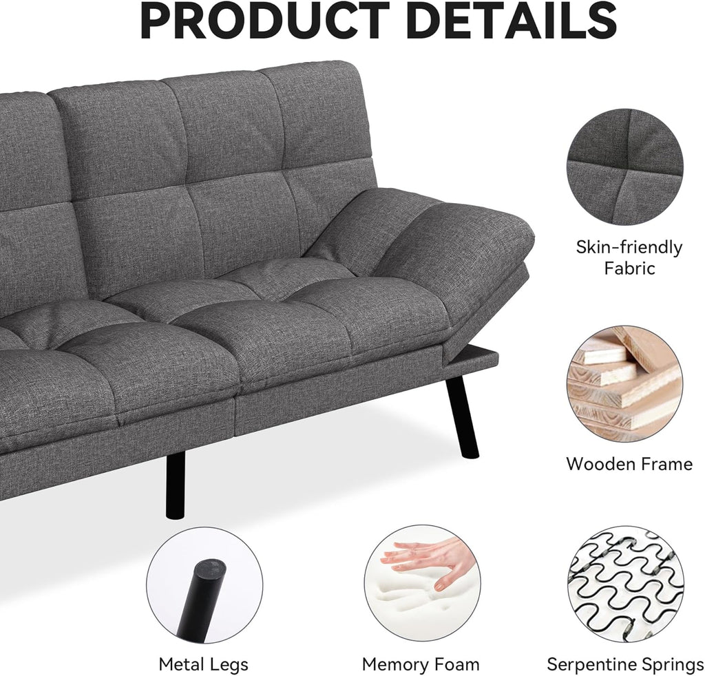 Futon Sofa Bed,Grey Detachable Convertible Couch Memory Foam Futon Convertible Couch Bed Sofa Sleeper LoveSeat Sofa for Living Spaces,Apartment - Grand Goldman