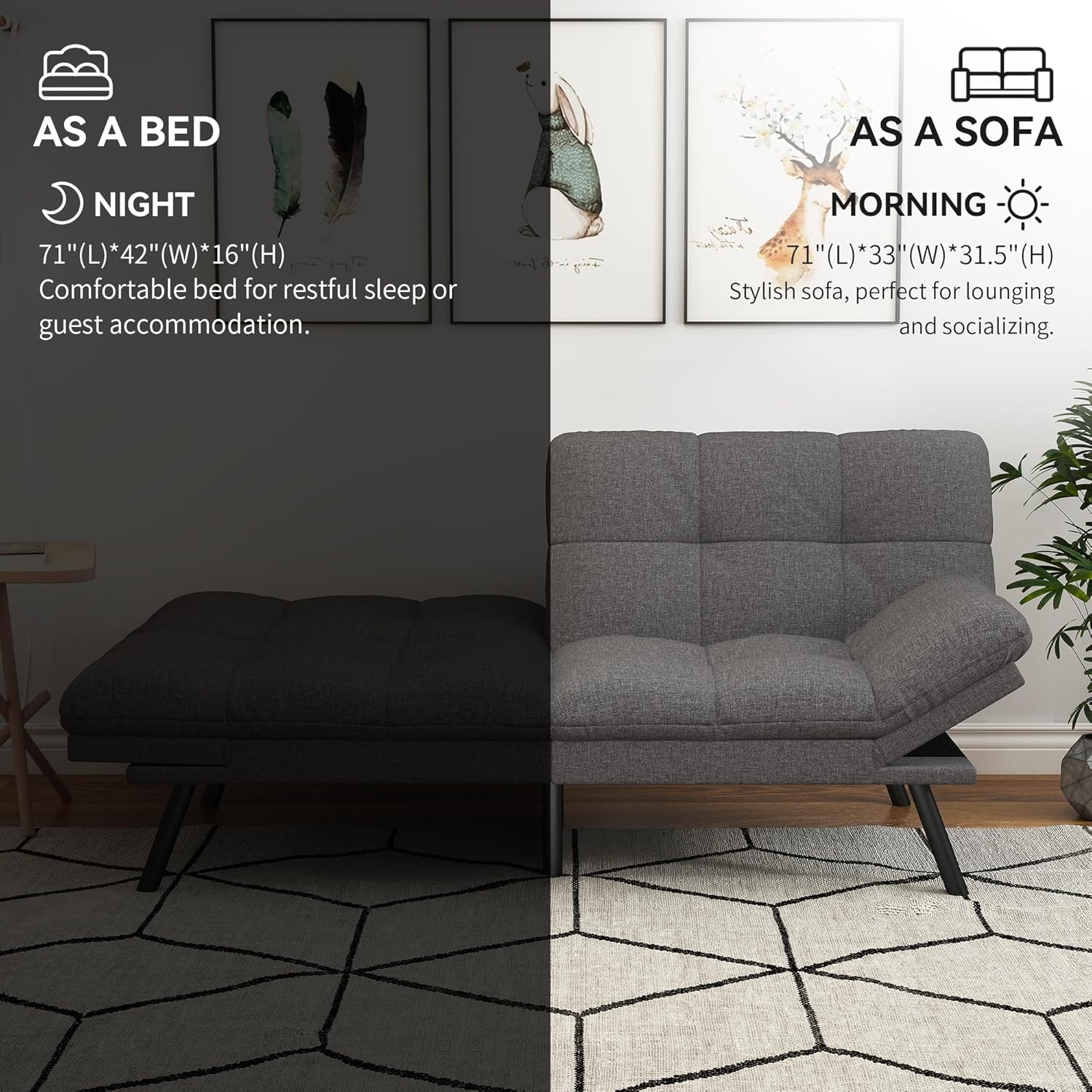 Futon Sofa Bed,Grey Detachable Convertible Couch Memory Foam Futon Convertible Couch Bed Sofa Sleeper LoveSeat Sofa for Living Spaces,Apartment - Grand Goldman