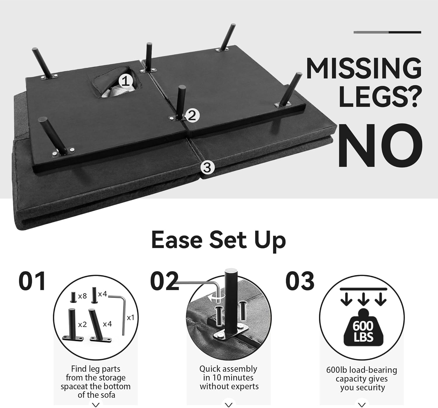 Futon Sofa Bed,Grey Detachable Convertible Couch Memory Foam Futon Convertible Couch Bed Sofa Sleeper LoveSeat Sofa for Living Spaces,Apartment - Grand Goldman