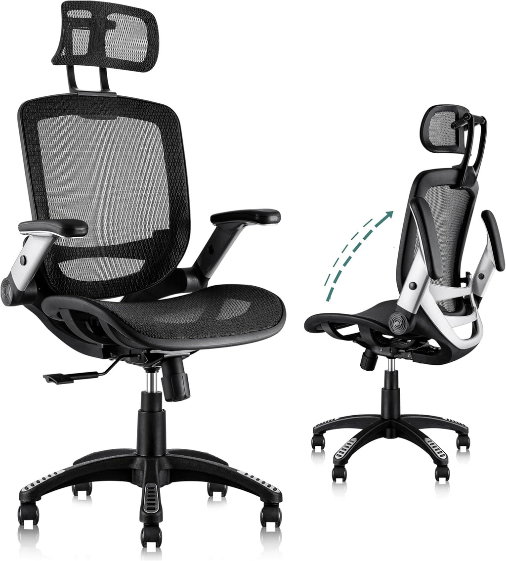GABRYLLY Ergonomic Office Chair, High Back Home Desk Chair with Headrest, Flip-Up Arms, 90-120° Tilt Lock and Wide Cushion, Big and Tall Mesh Chairs for Man Woman, Black Task Chair - Grand Goldman