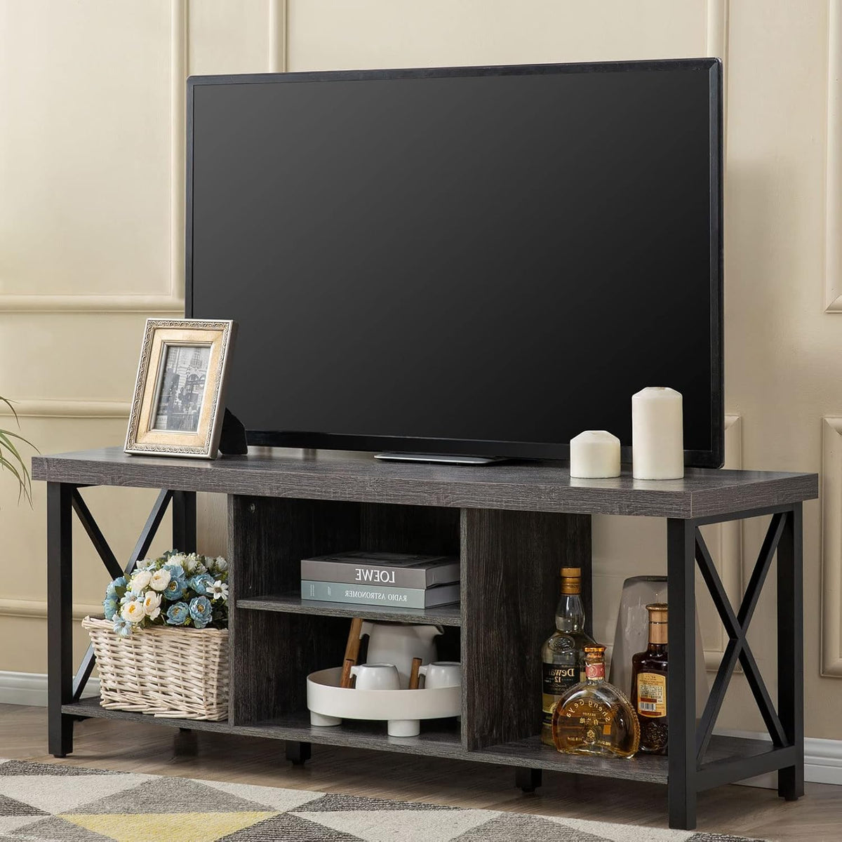 GAZHOME TV Stand for TV up to 55 Inches, TV Cabinet with Open Storage, TV Console Unit with Shelving for Living Room, Entertainment Room, Rustic Brown - Grand Goldman