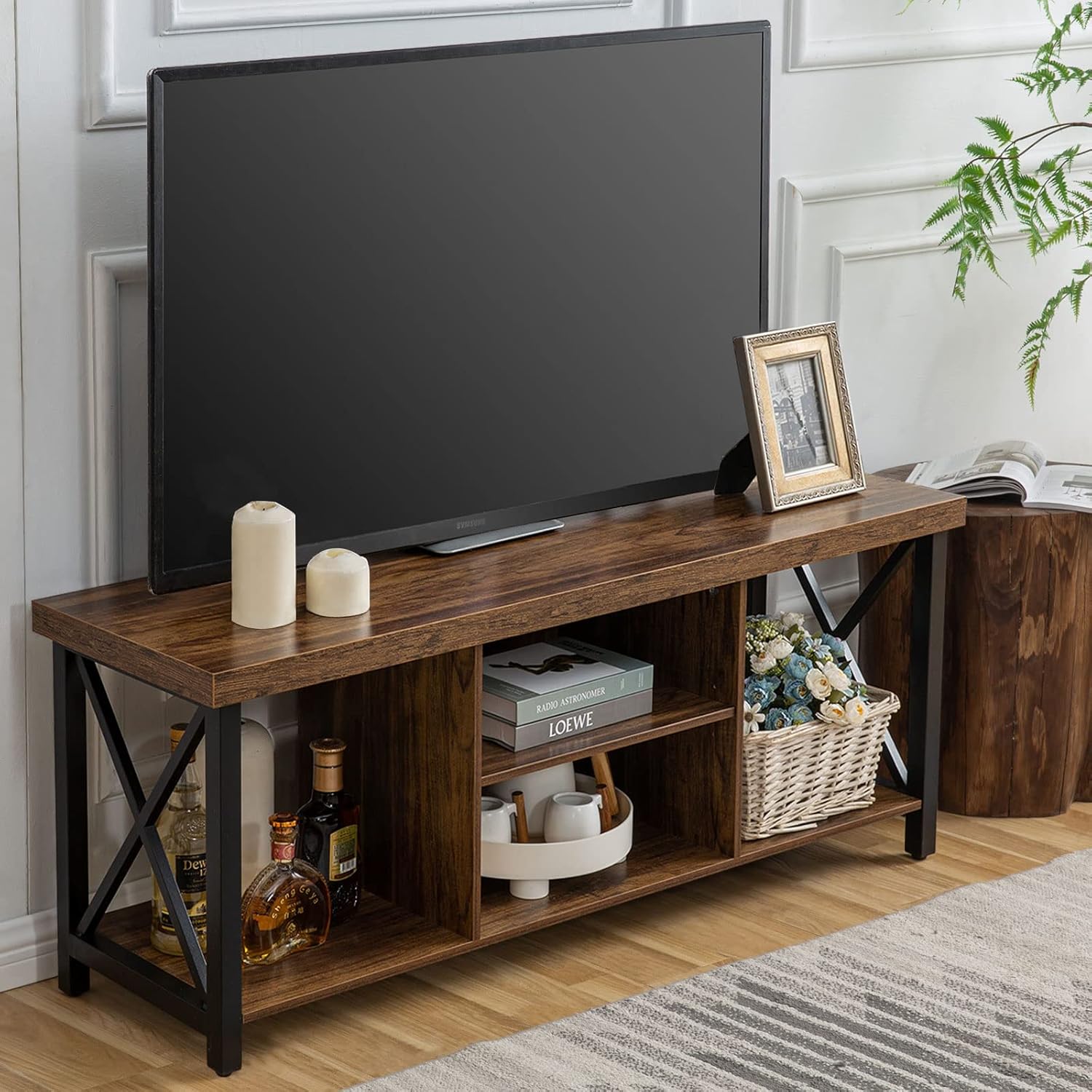GAZHOME TV Stand for TV up to 55 Inches, TV Cabinet with Open Storage, TV Console Unit with Shelving for Living Room, Entertainment Room, Rustic Brown - Grand Goldman