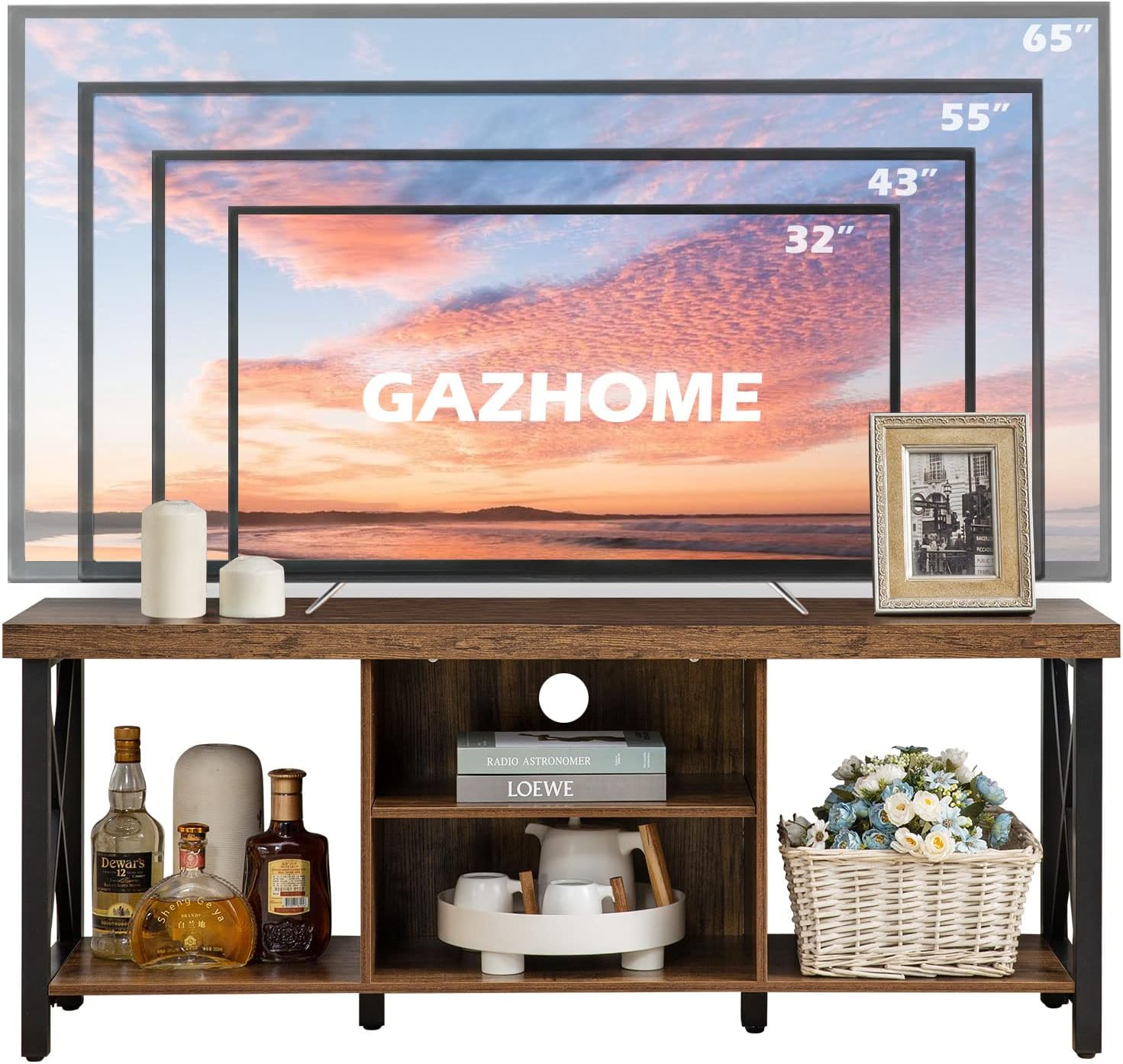 GAZHOME TV Stand for TV up to 55 Inches, TV Cabinet with Open Storage, TV Console Unit with Shelving for Living Room, Entertainment Room, Rustic Brown - Grand Goldman