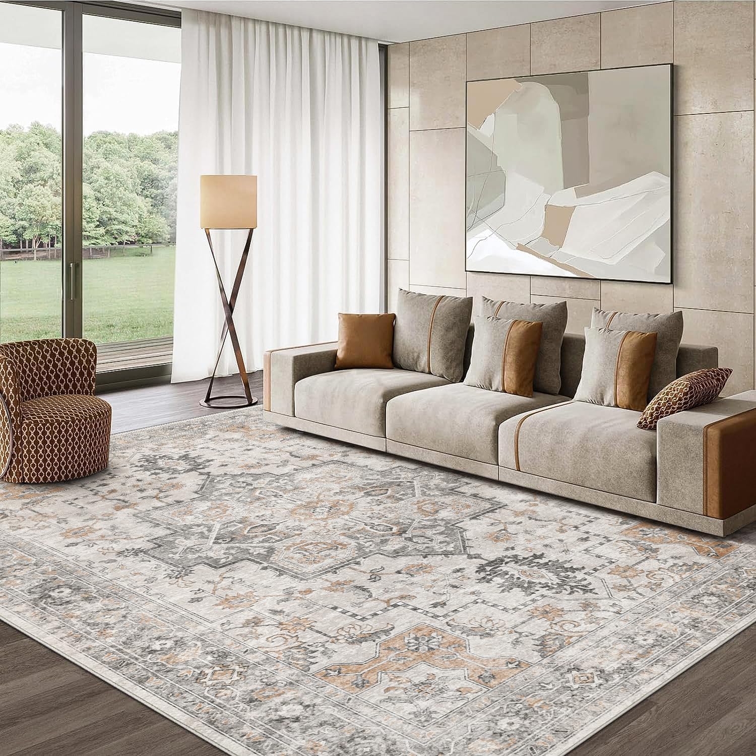 GENIMO 8x10 Area Rugs for Living Room, Machine Washable Non Slip Vintage Retro Rugs, Low Pile Lightweight Chenille Print Rug for Bedroom, Dining Room, Home Office, Light Taupe Brown - Grand Goldman