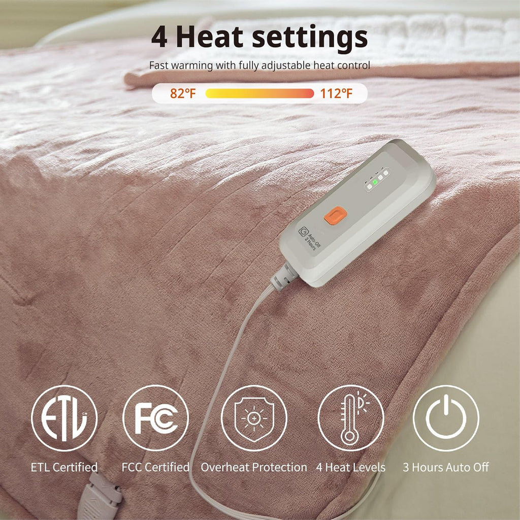 GOTCOZY Heated Blanket Electric Throw 50''X60''- Soft Silky Plush Electric Blanket with 4 Heating Level & 3 Hour Auto Off Heating Blanket, ETL Certified Machine Washable (Rose Dust) - Grand Goldman